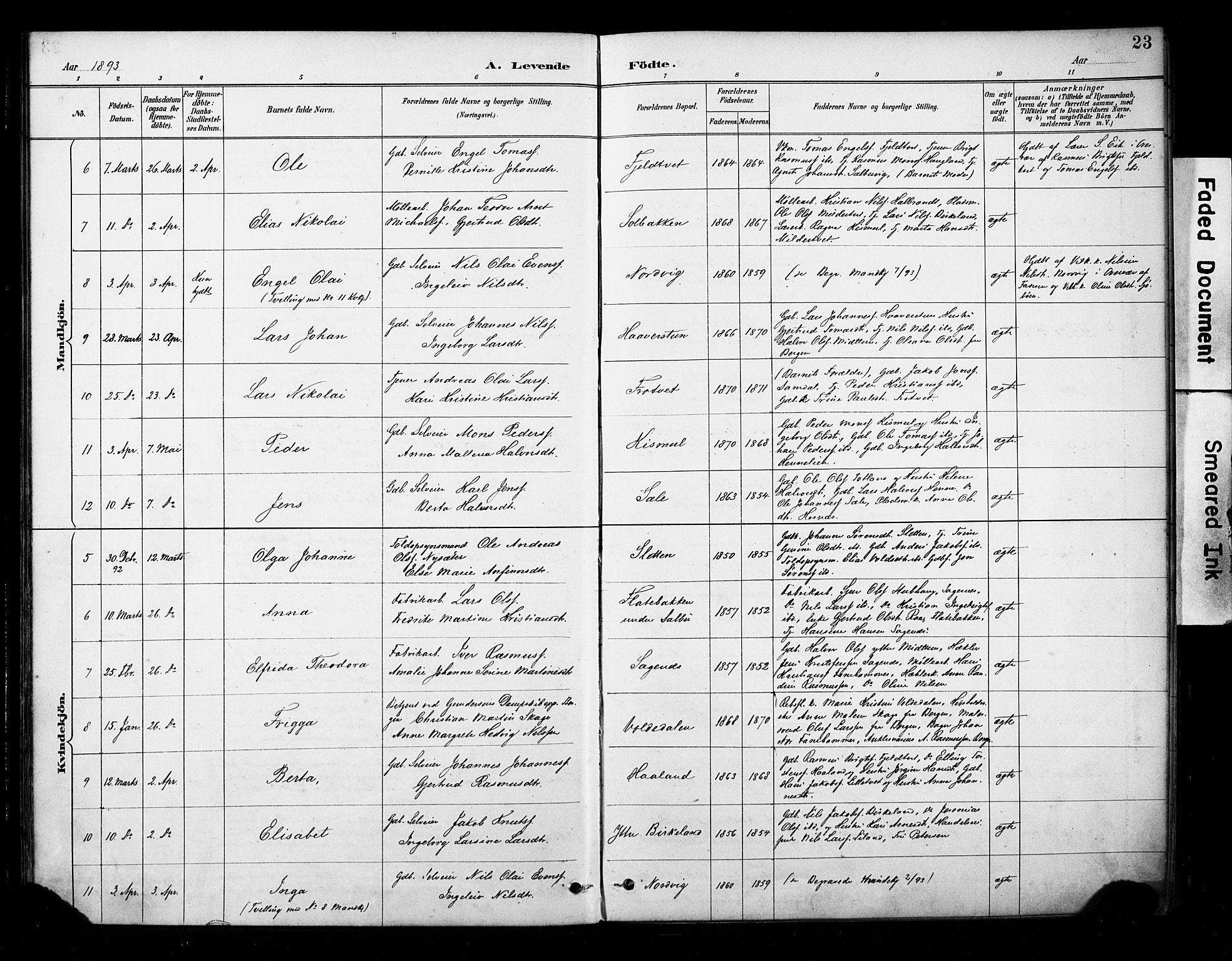 Fana Sokneprestembete, AV/SAB-A-75101/H/Haa/Haab/L0002: Parish register (official) no. B 2, 1890-1897, p. 23