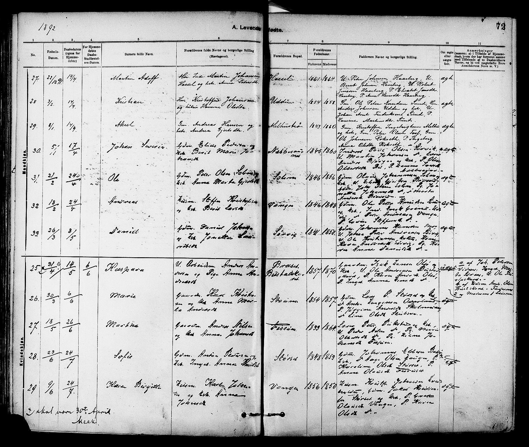 Ministerialprotokoller, klokkerbøker og fødselsregistre - Sør-Trøndelag, SAT/A-1456/647/L0634: Parish register (official) no. 647A01, 1885-1896, p. 72