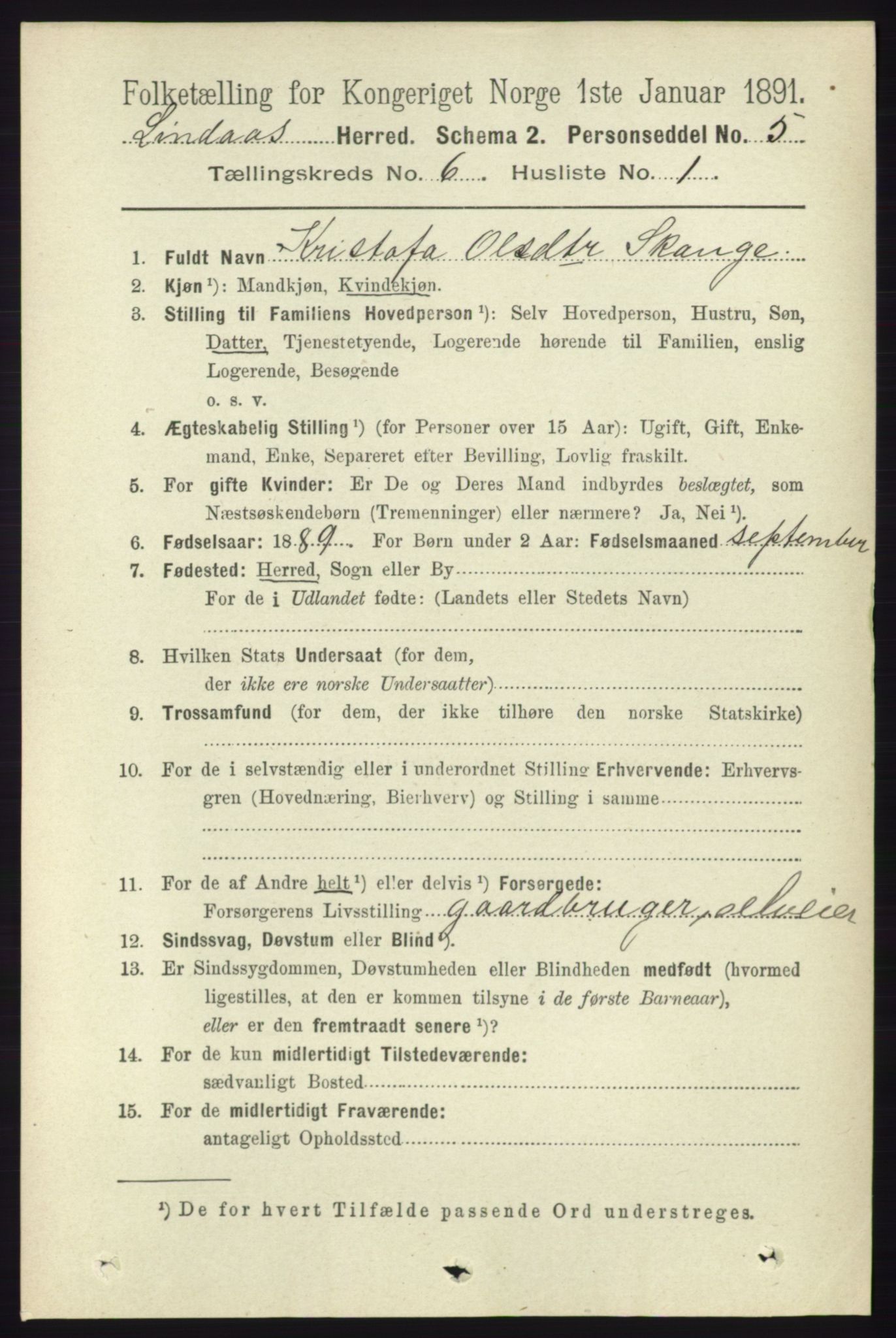 RA, 1891 census for 1263 Lindås, 1891, p. 1852