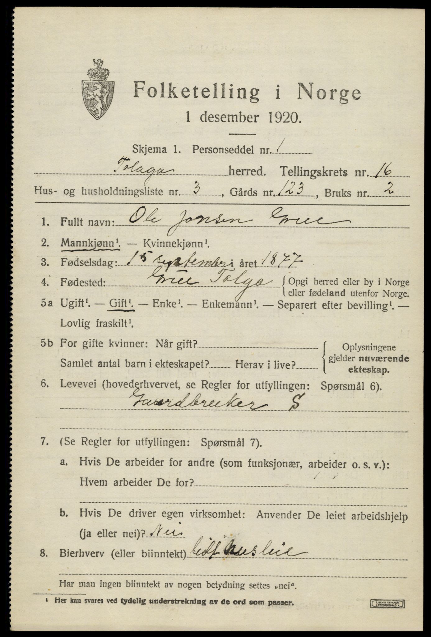 SAH, 1920 census for Tolga, 1920, p. 7401