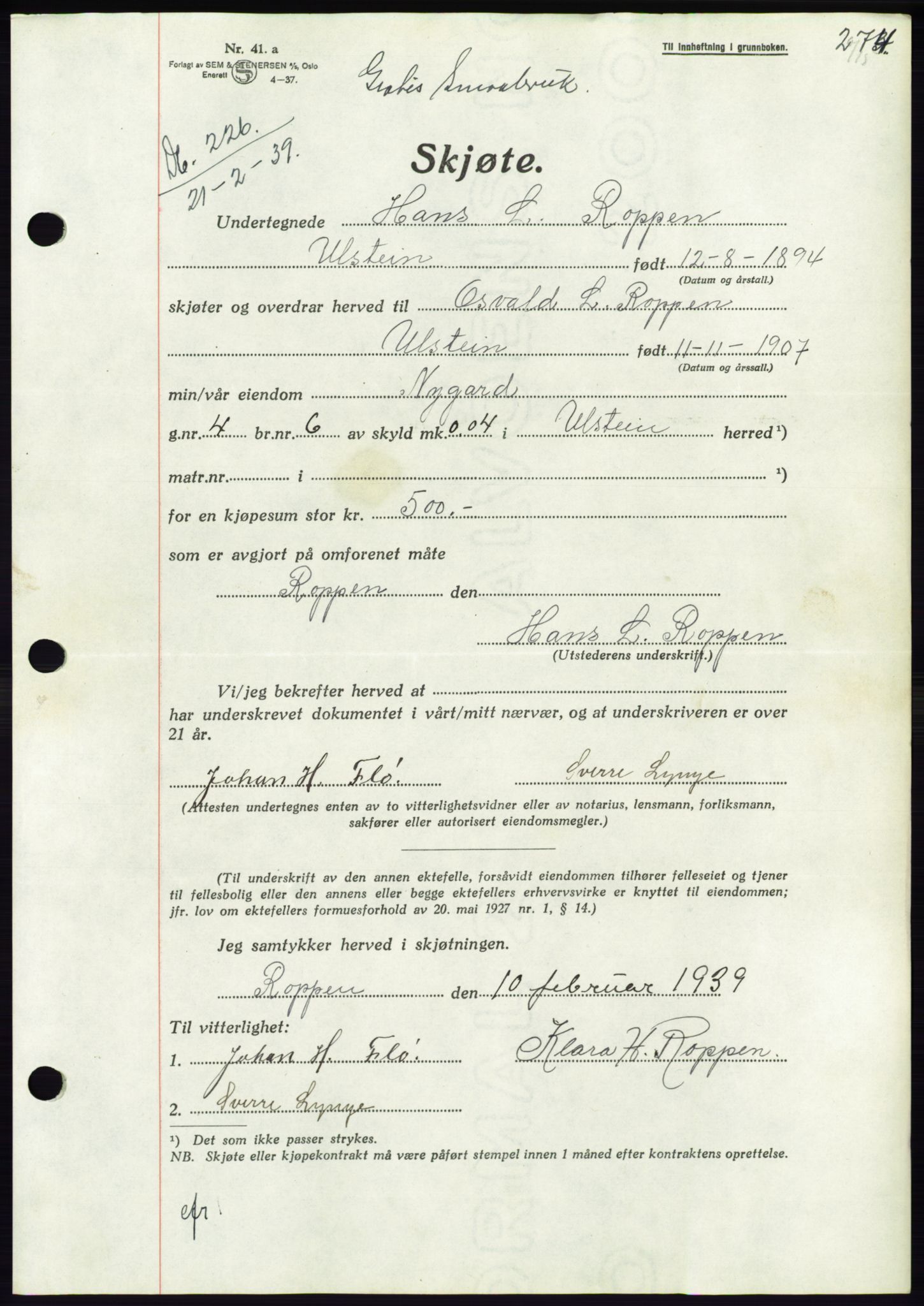 Søre Sunnmøre sorenskriveri, AV/SAT-A-4122/1/2/2C/L0067: Mortgage book no. 61, 1938-1939, Diary no: : 226/1939