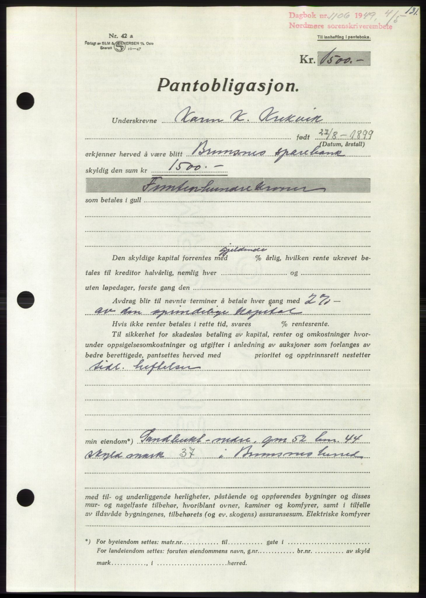 Nordmøre sorenskriveri, AV/SAT-A-4132/1/2/2Ca: Mortgage book no. B101, 1949-1949, Diary no: : 1106/1949