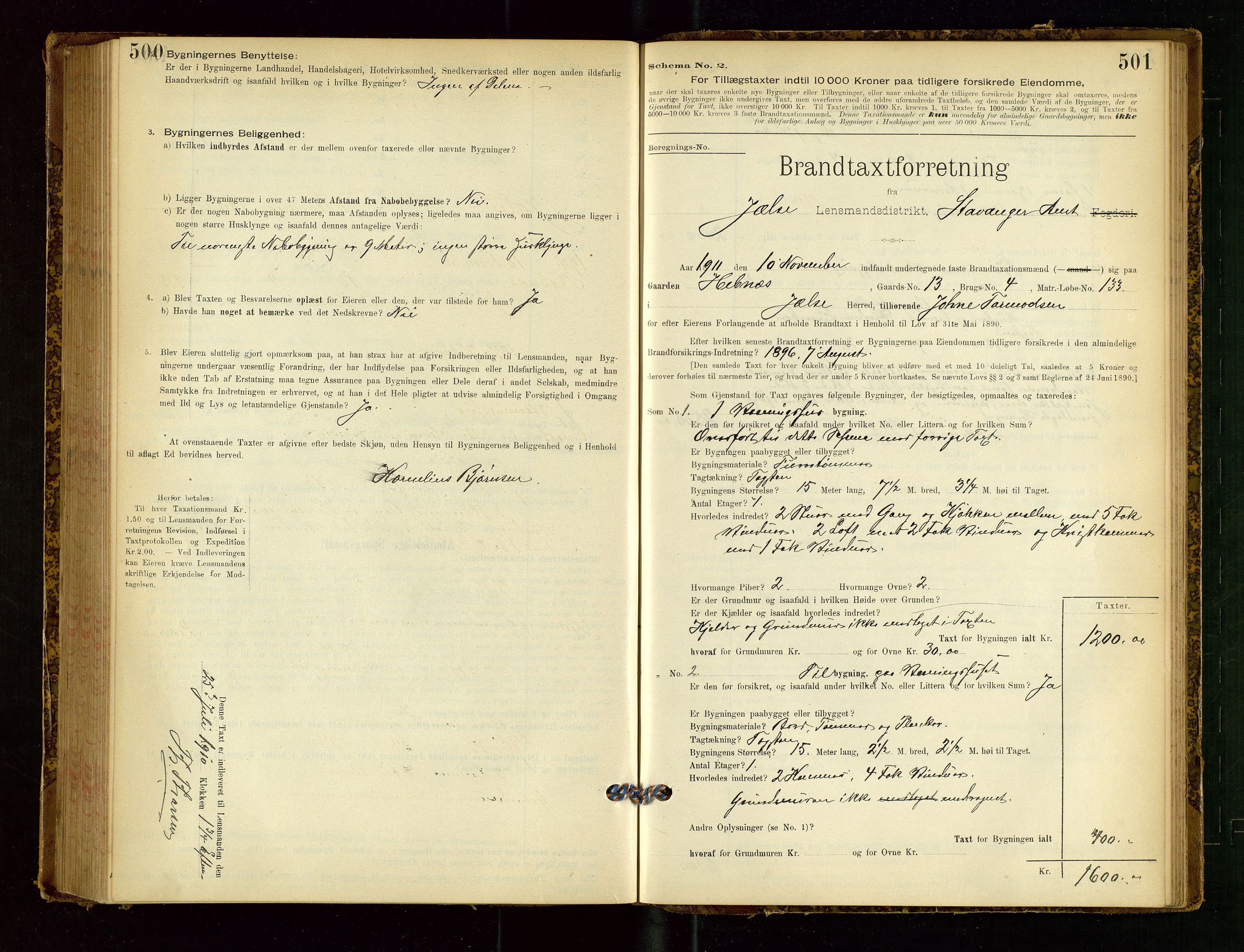 Jelsa lensmannskontor, SAST/A-100360/Gob/L0001: "Brandtaxationsprotocol", 1895-1918, p. 500-501