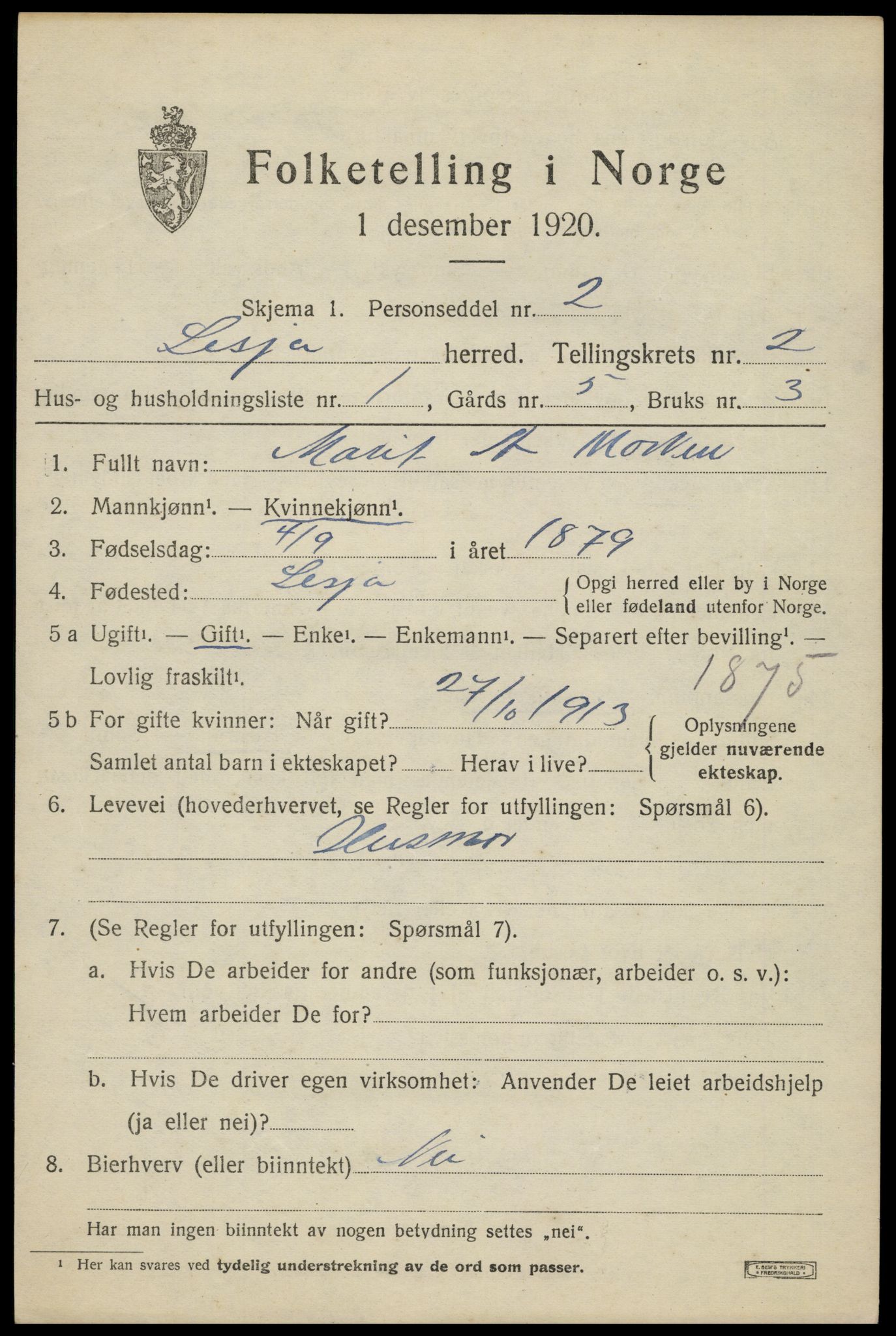 SAH, 1920 census for Lesja, 1920, p. 1626