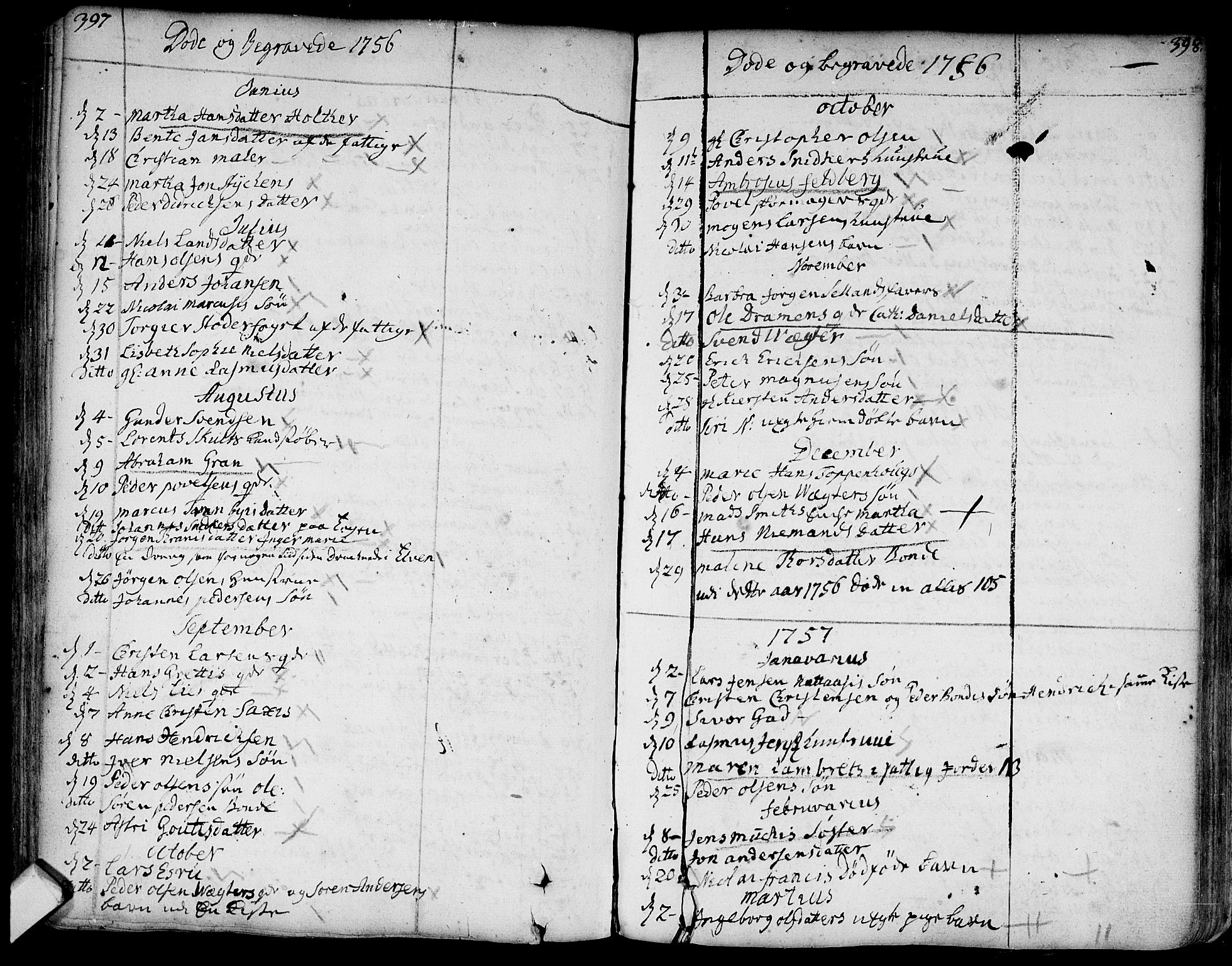 Bragernes kirkebøker, SAKO/A-6/F/Fa/L0004: Parish register (official) no. I 4, 1734-1759, p. 397-398