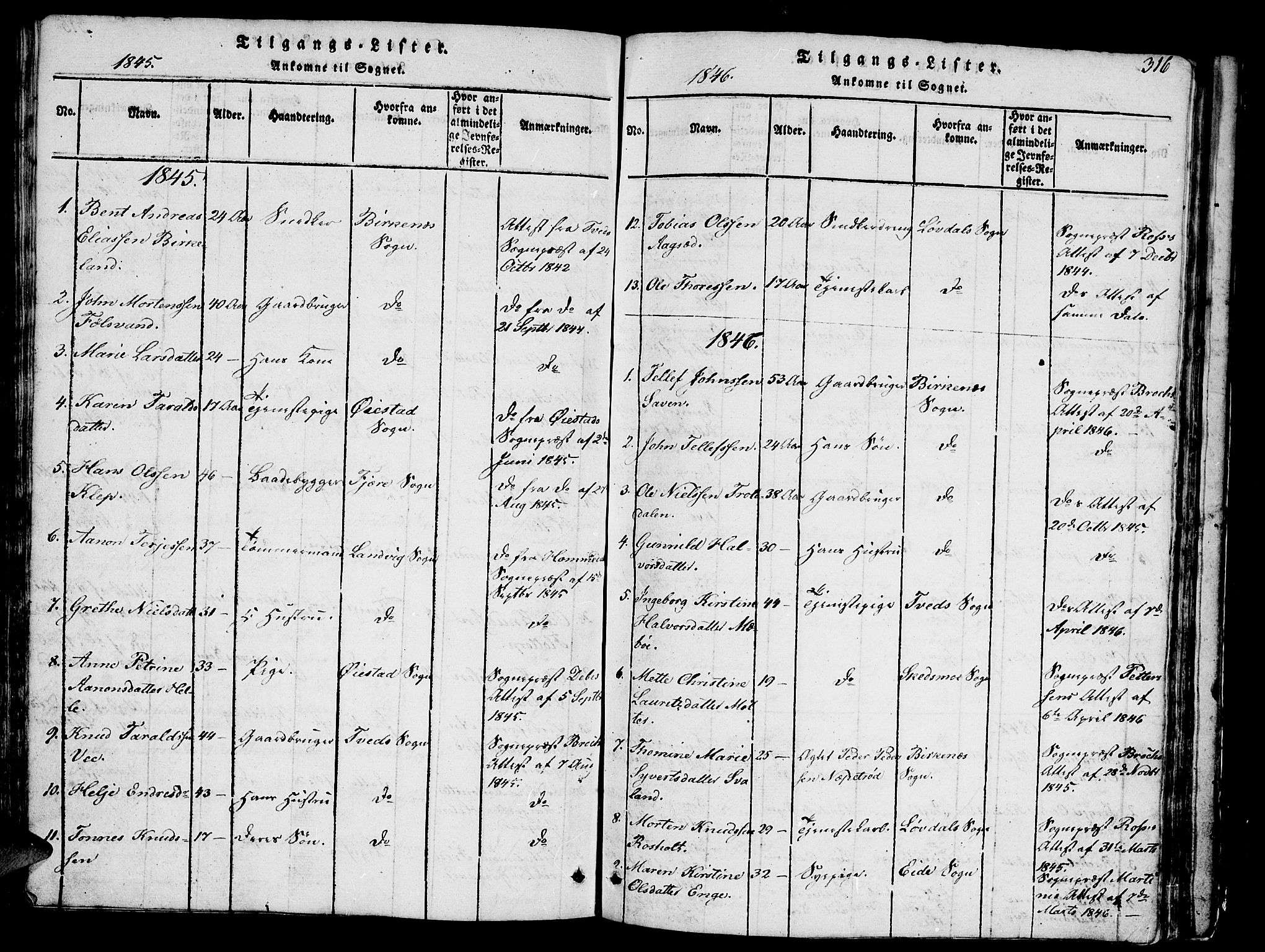 Vestre Moland sokneprestkontor, AV/SAK-1111-0046/F/Fb/Fbb/L0001: Parish register (copy) no. B 1, 1816-1851, p. 316