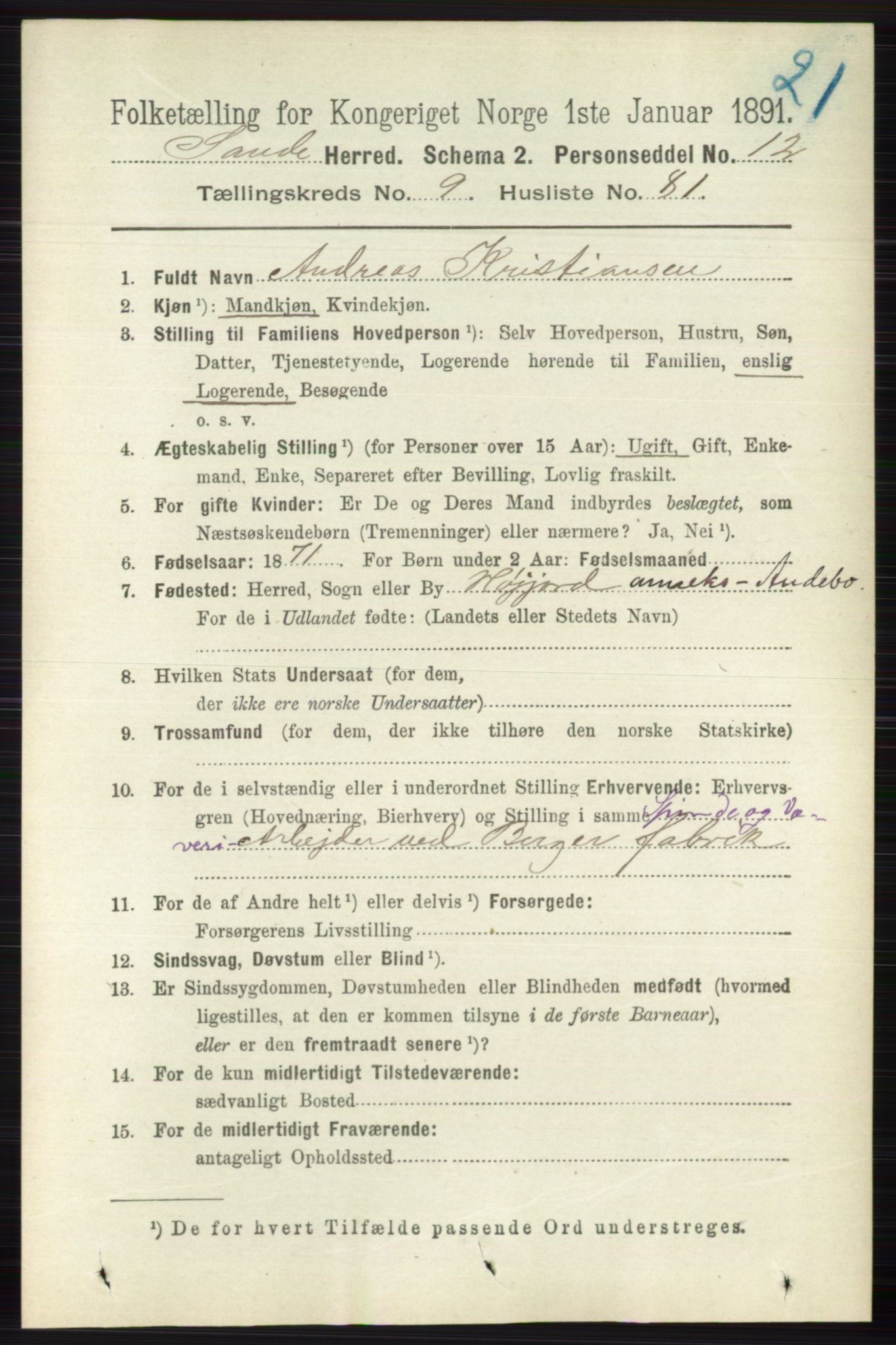 RA, 1891 census for 0713 Sande, 1891, p. 4464