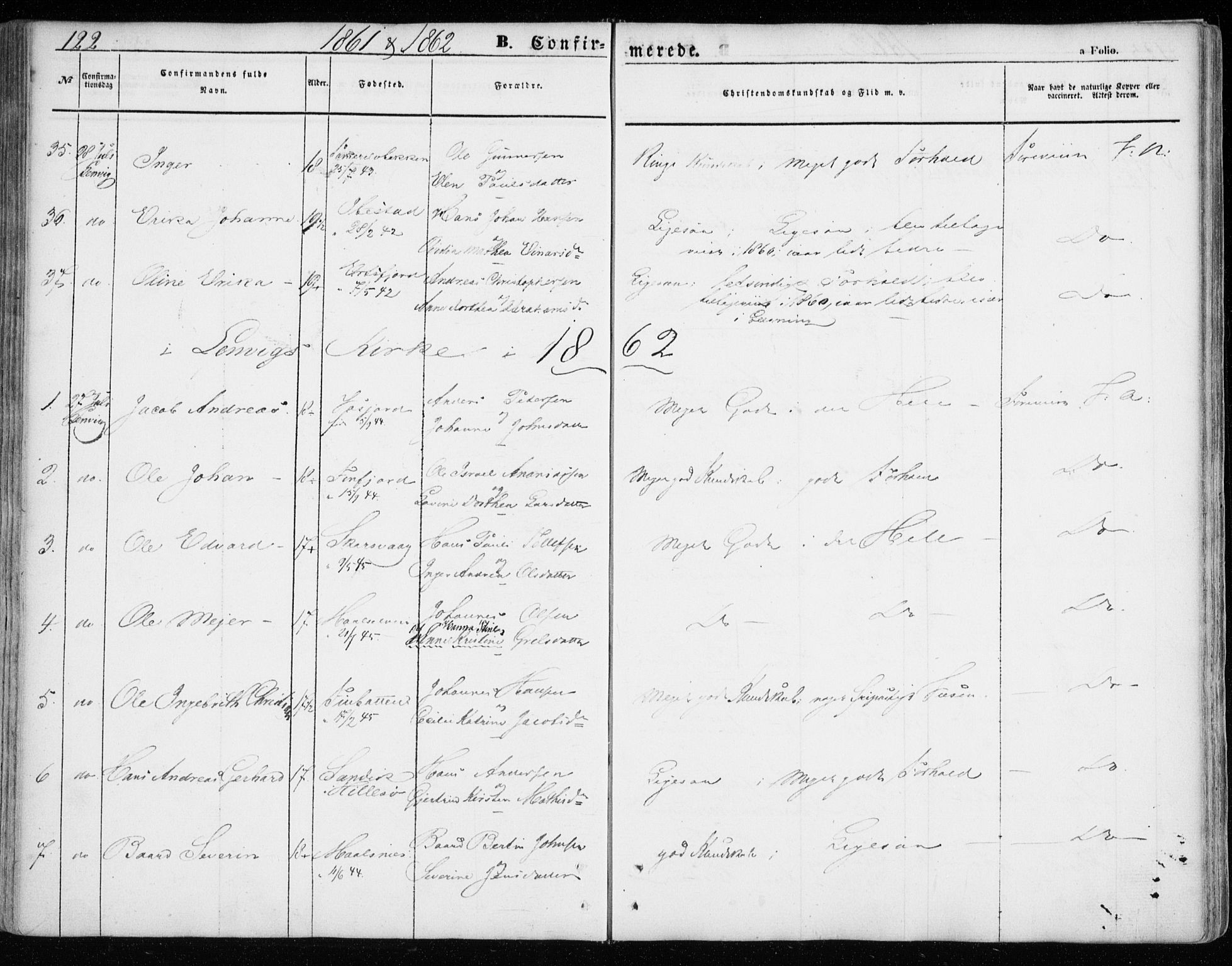 Lenvik sokneprestembete, SATØ/S-1310/H/Ha/Haa/L0007kirke: Parish register (official) no. 7, 1855-1865, p. 122