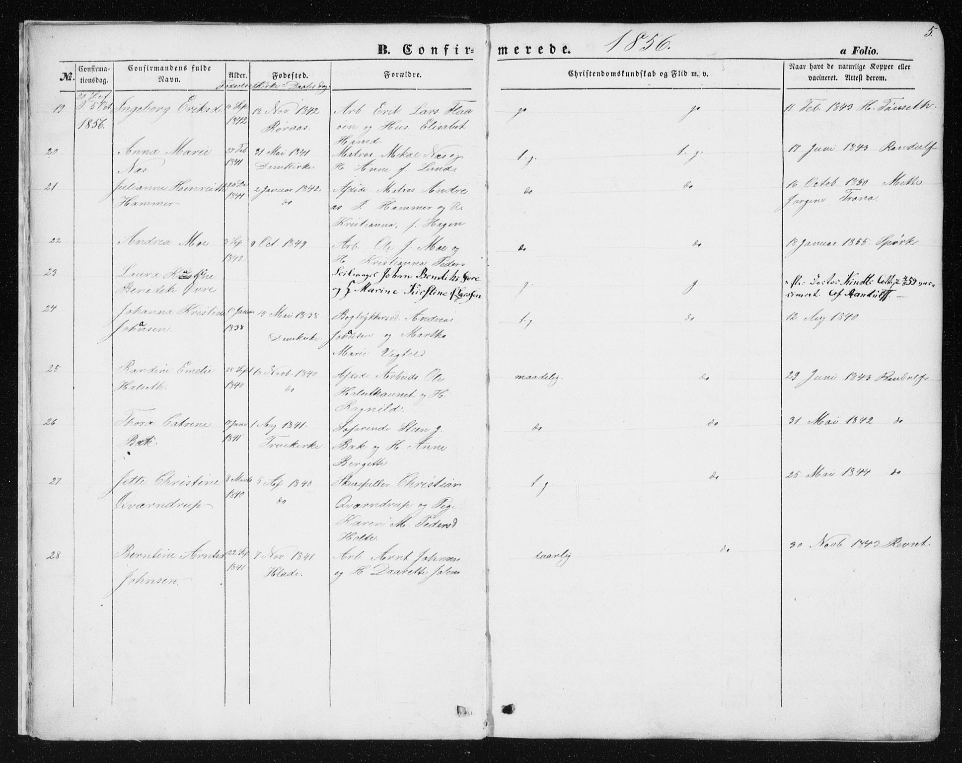 Ministerialprotokoller, klokkerbøker og fødselsregistre - Sør-Trøndelag, SAT/A-1456/602/L0114: Parish register (official) no. 602A12, 1856-1872, p. 5