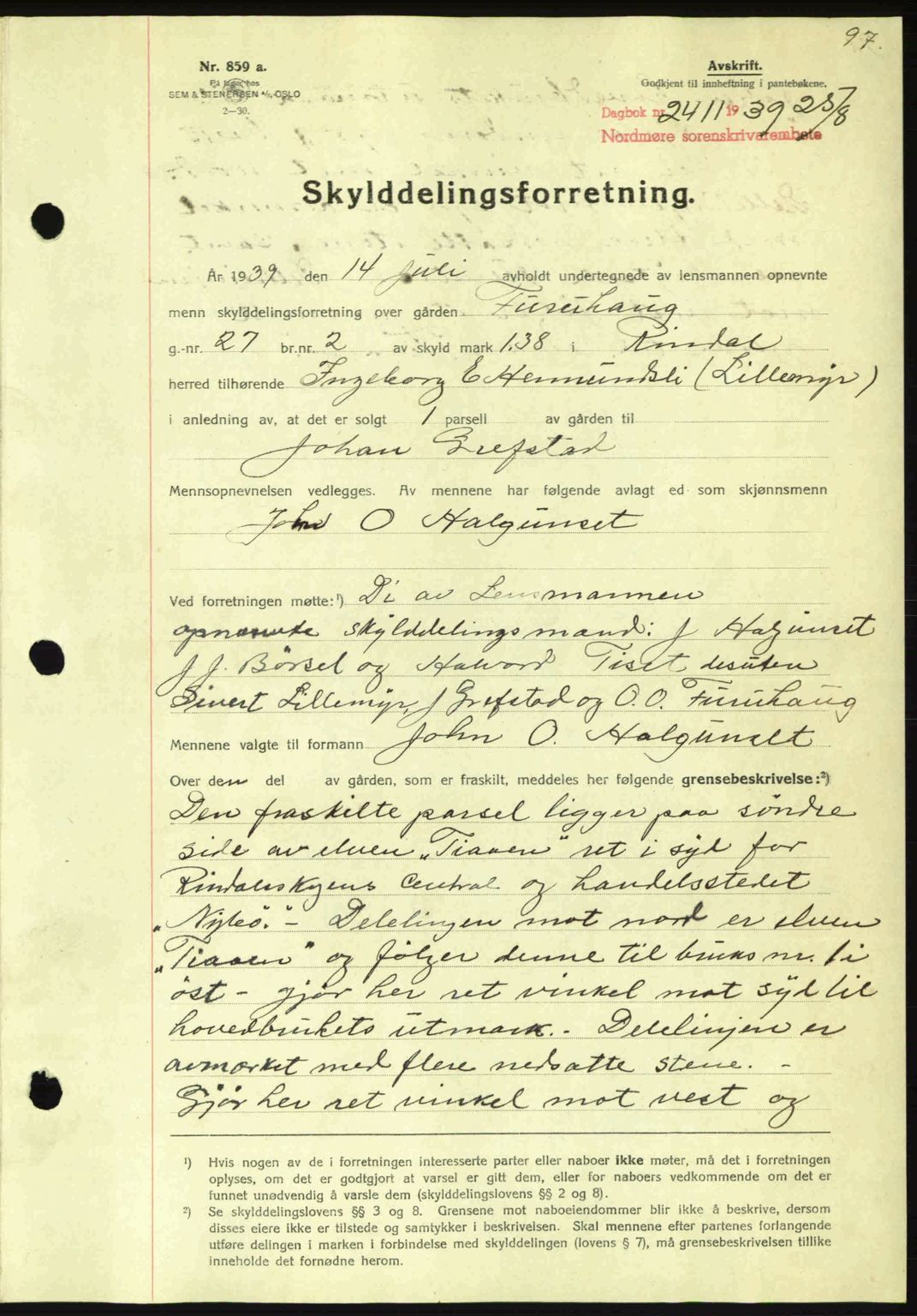 Nordmøre sorenskriveri, AV/SAT-A-4132/1/2/2Ca: Mortgage book no. A87, 1939-1940, Diary no: : 2411/1939