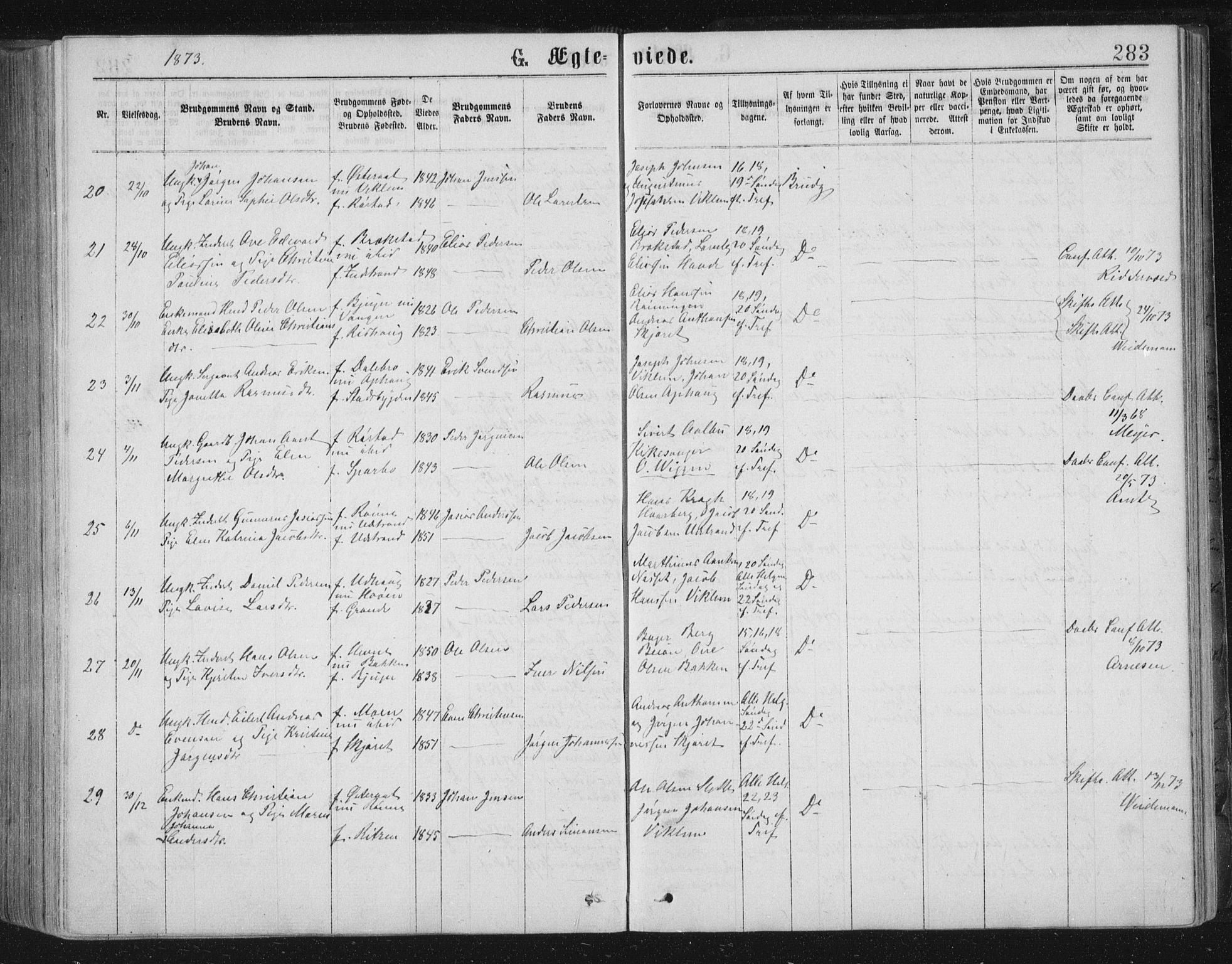 Ministerialprotokoller, klokkerbøker og fødselsregistre - Sør-Trøndelag, SAT/A-1456/659/L0745: Parish register (copy) no. 659C02, 1869-1892, p. 283