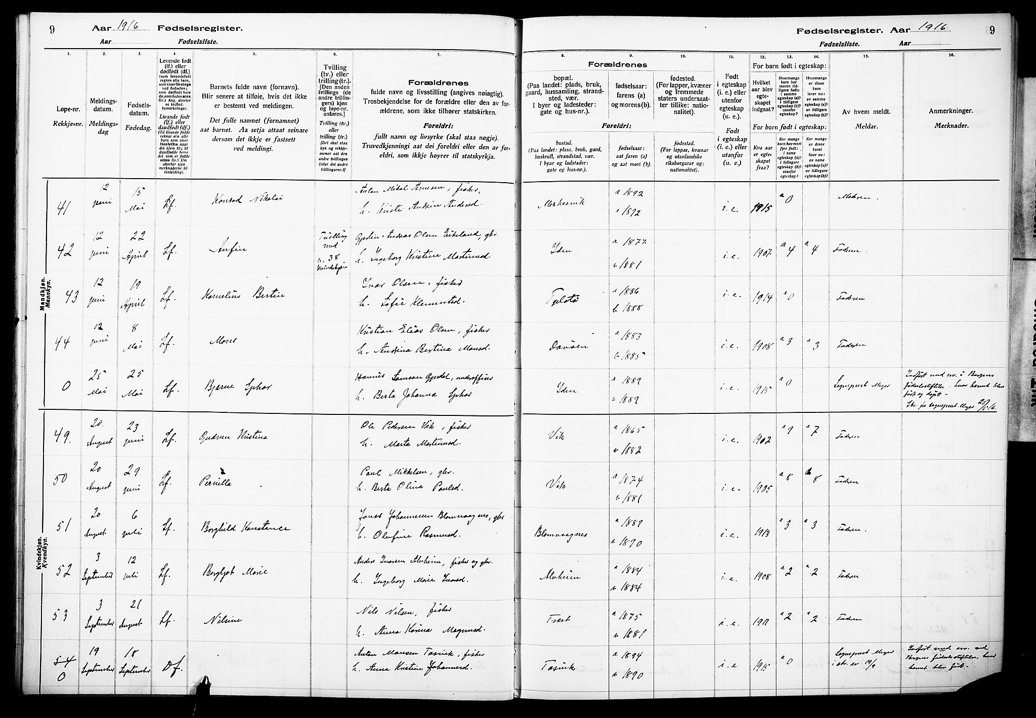 Herdla Sokneprestembete, SAB/A-75701/I/Id/L00A1: Birth register no. A 1, 1916-1929, p. 9