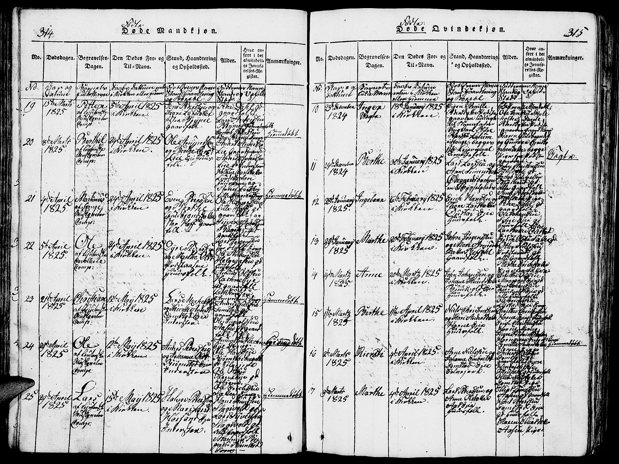 Romedal prestekontor, AV/SAH-PREST-004/L/L0005: Parish register (copy) no. 5, 1814-1829, p. 314-315