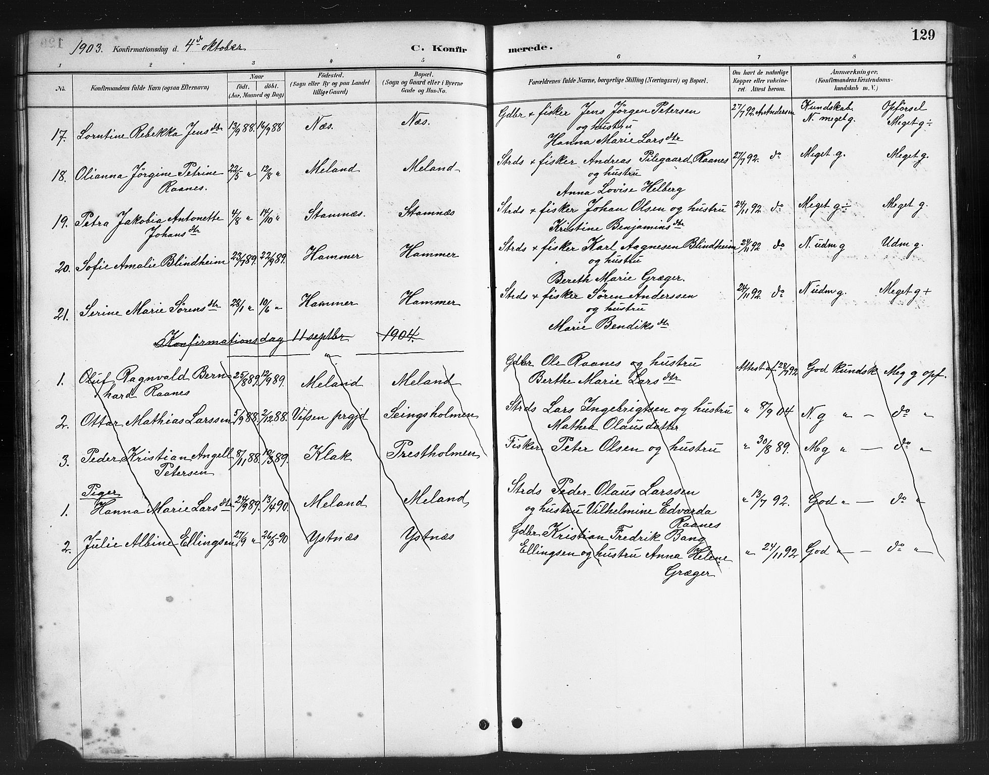 Ministerialprotokoller, klokkerbøker og fødselsregistre - Nordland, AV/SAT-A-1459/808/L0131: Parish register (copy) no. 808C02, 1879-1919, p. 129