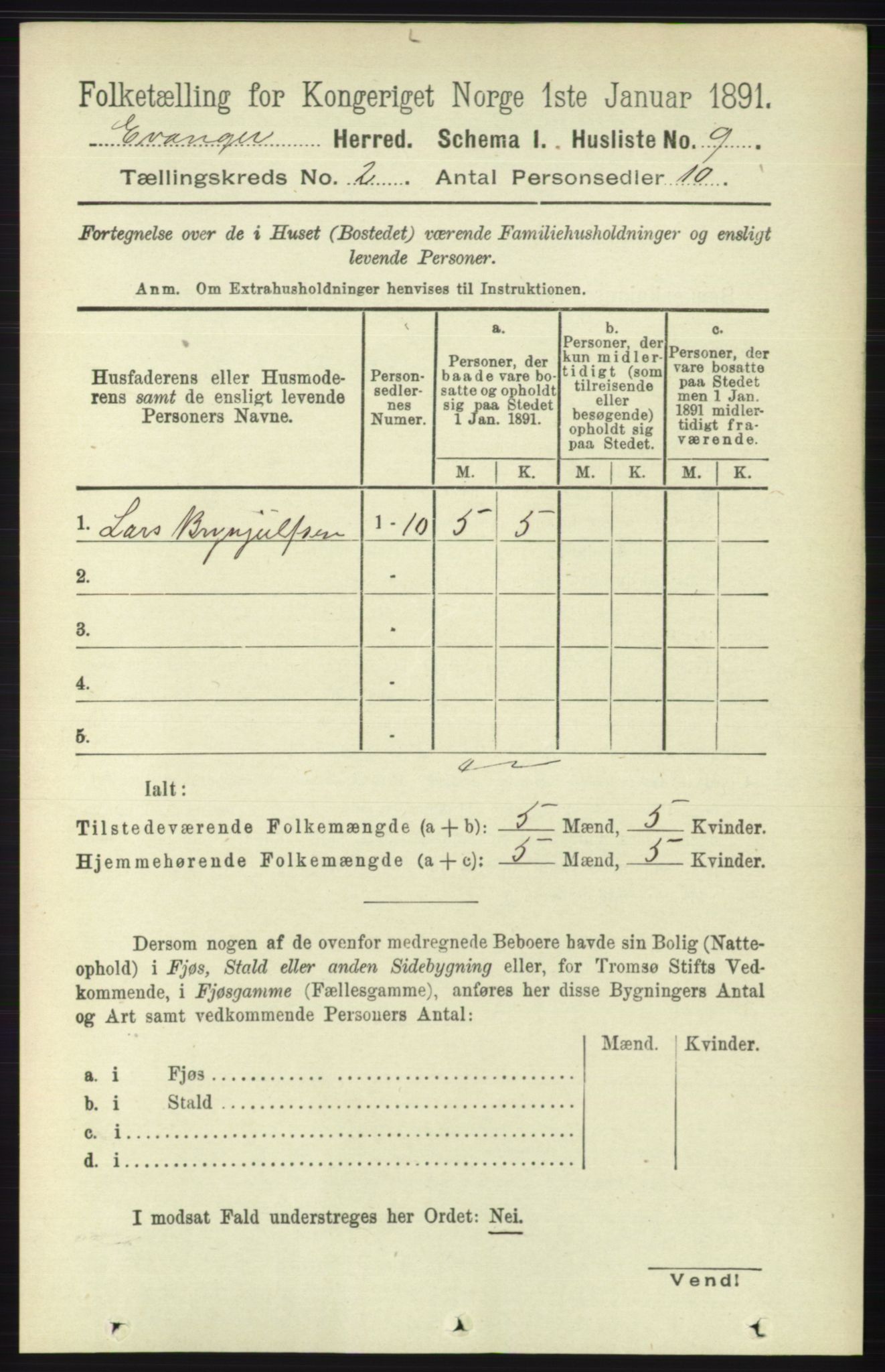 RA, 1891 census for 1237 Evanger, 1891, p. 263