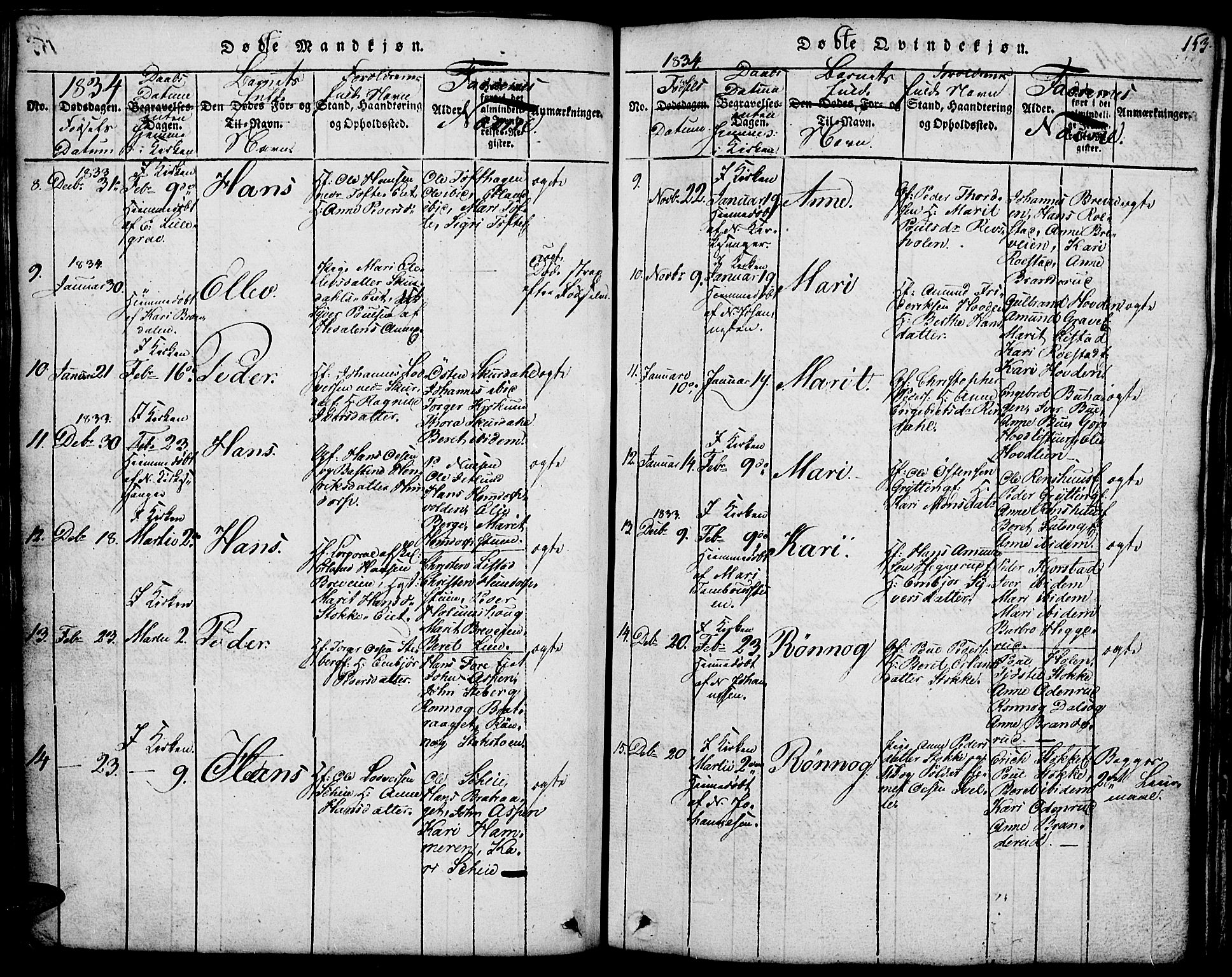 Fron prestekontor, SAH/PREST-078/H/Ha/Hab/L0001: Parish register (copy) no. 1, 1816-1843, p. 153