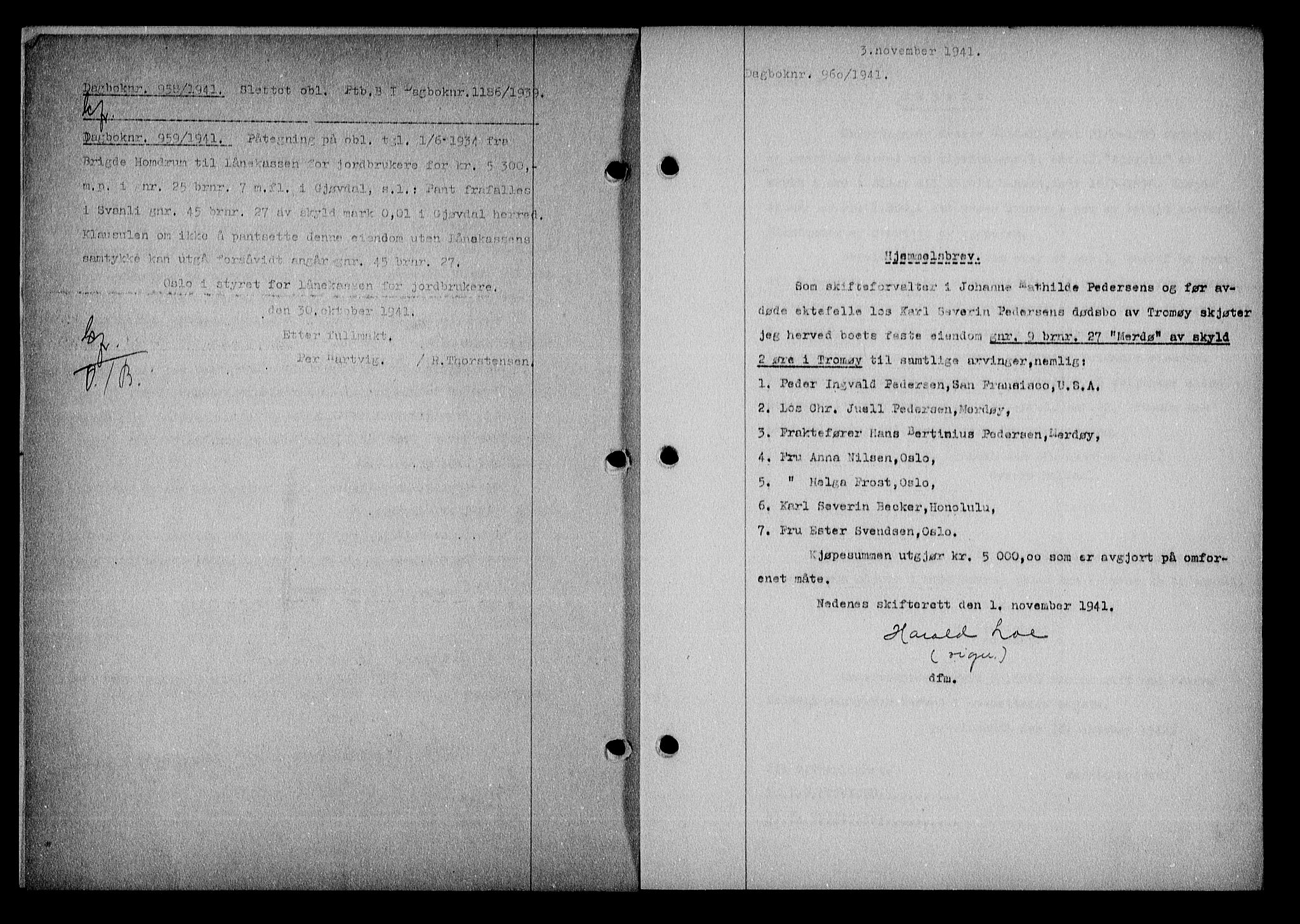 Nedenes sorenskriveri, AV/SAK-1221-0006/G/Gb/Gba/L0048: Mortgage book no. A-II, 1940-1941, Diary no: : 960/1941