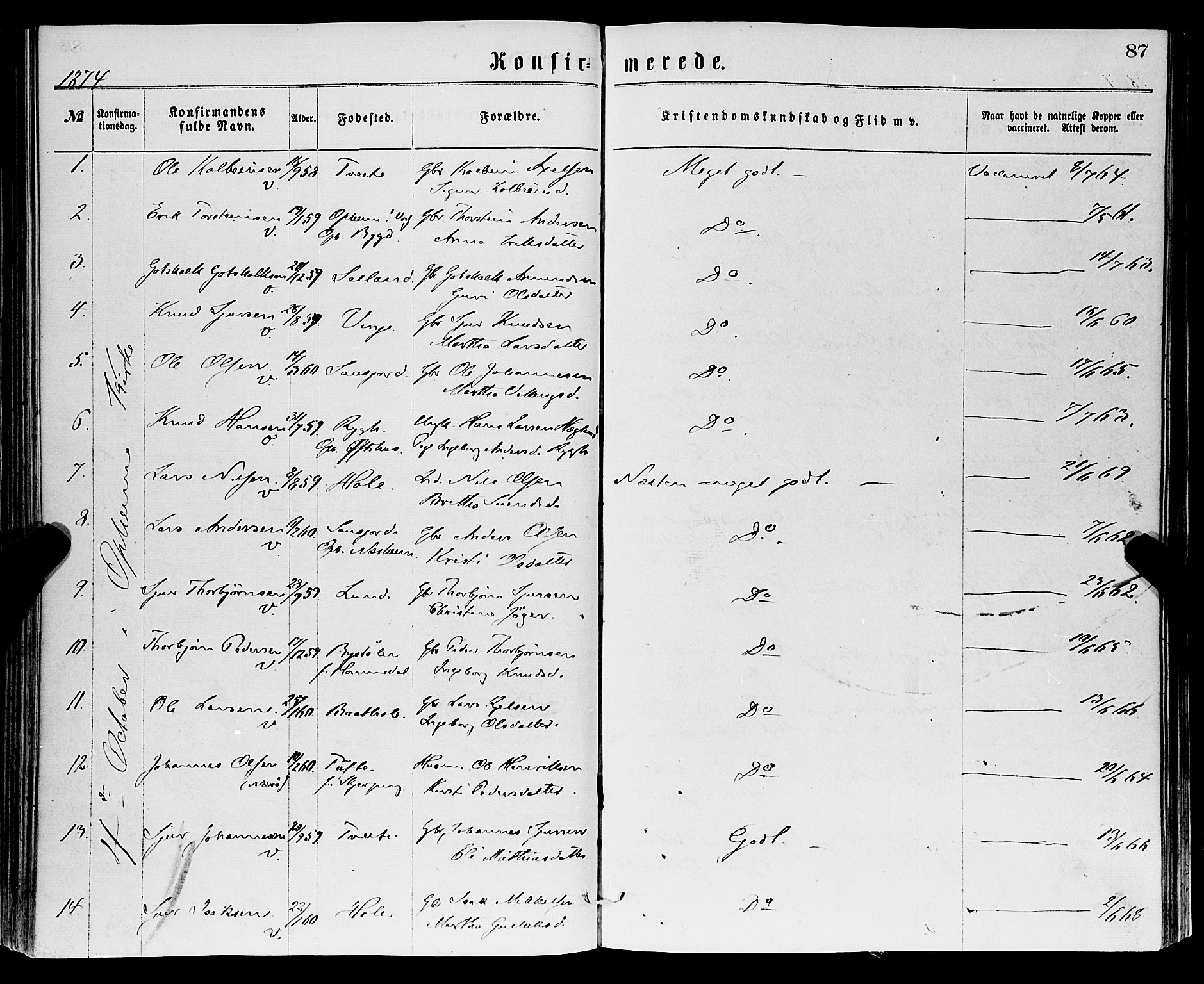 Vossestrand Sokneprestembete, SAB/A-79101/H/Haa: Parish register (official) no. A 1, 1866-1877, p. 87