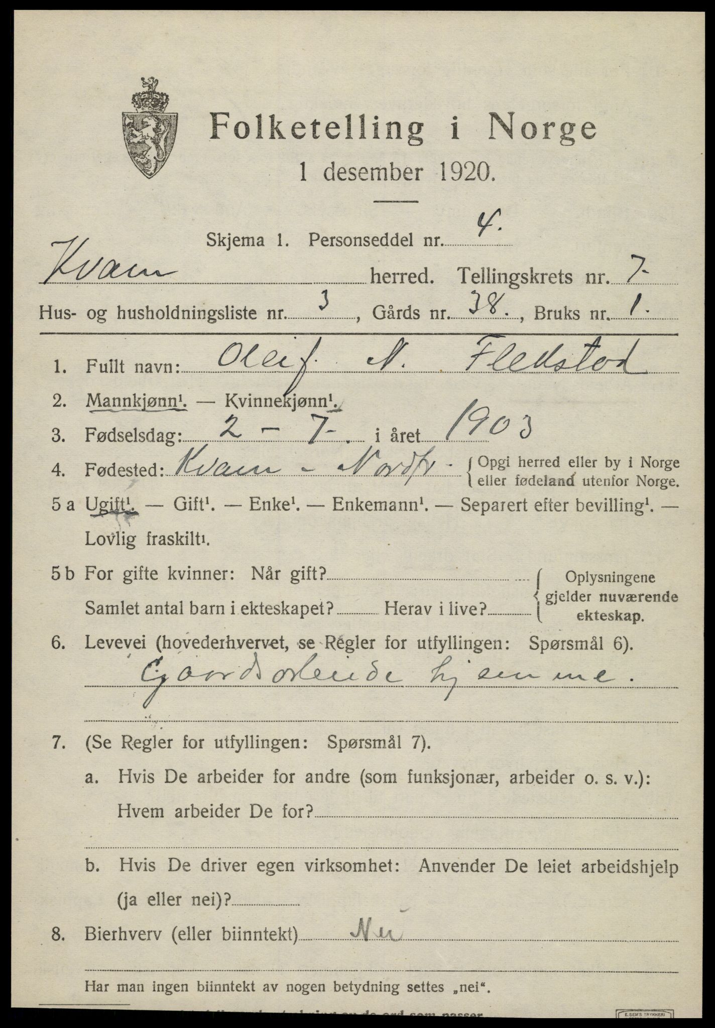 SAT, 1920 census for Kvam, 1920, p. 1829