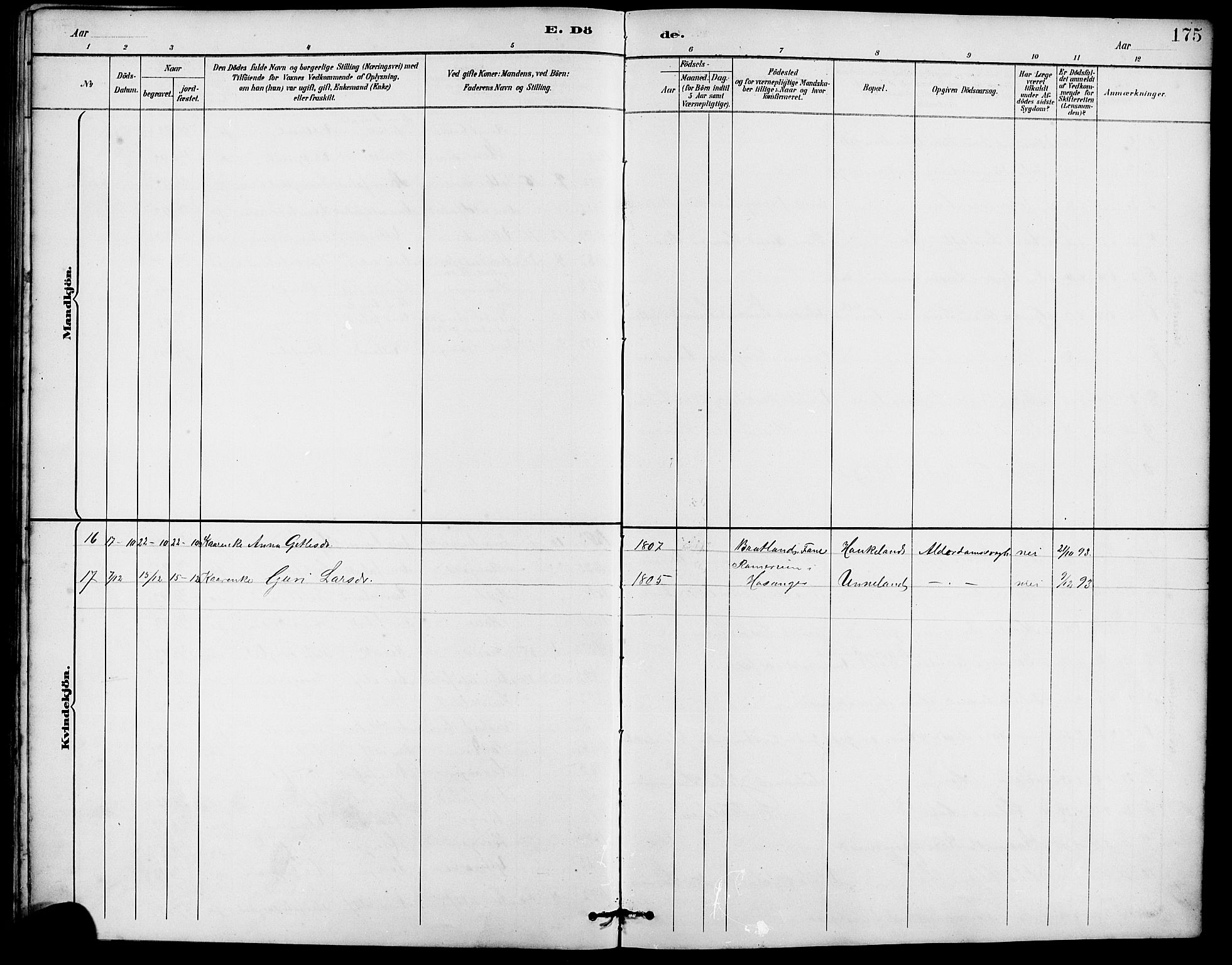 Arna Sokneprestembete, AV/SAB-A-74001/H/Ha/Hab: Parish register (copy) no. A 3, 1887-1897, p. 175