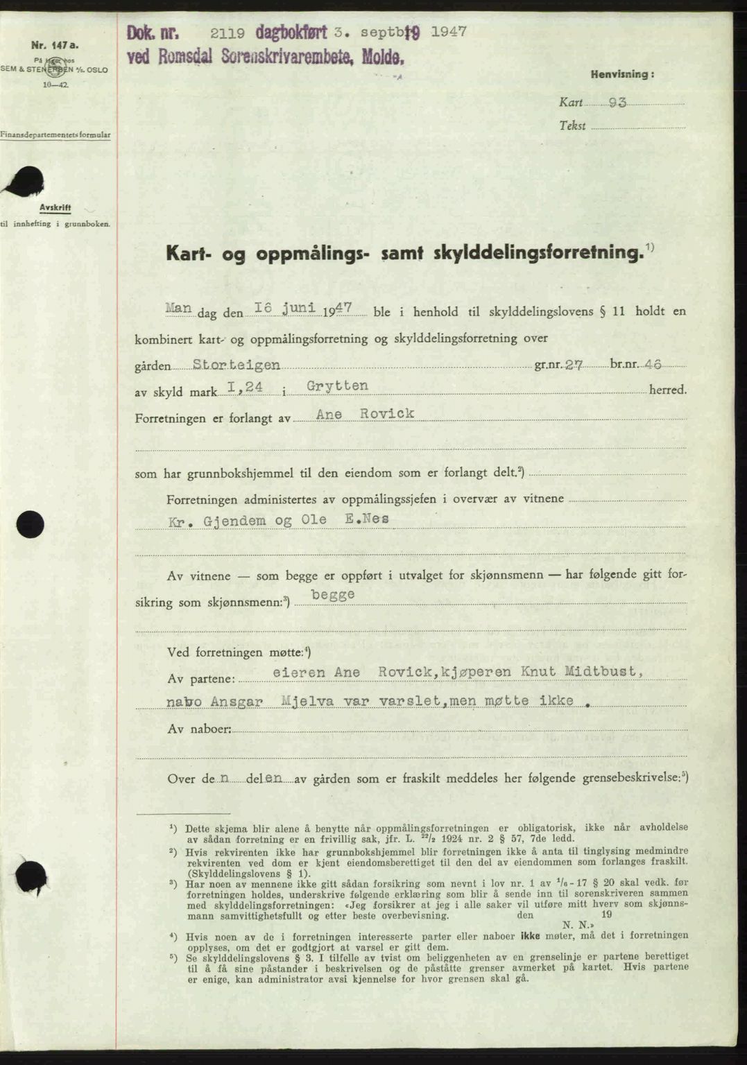 Romsdal sorenskriveri, AV/SAT-A-4149/1/2/2C: Mortgage book no. A23, 1947-1947, Diary no: : 2119/1947