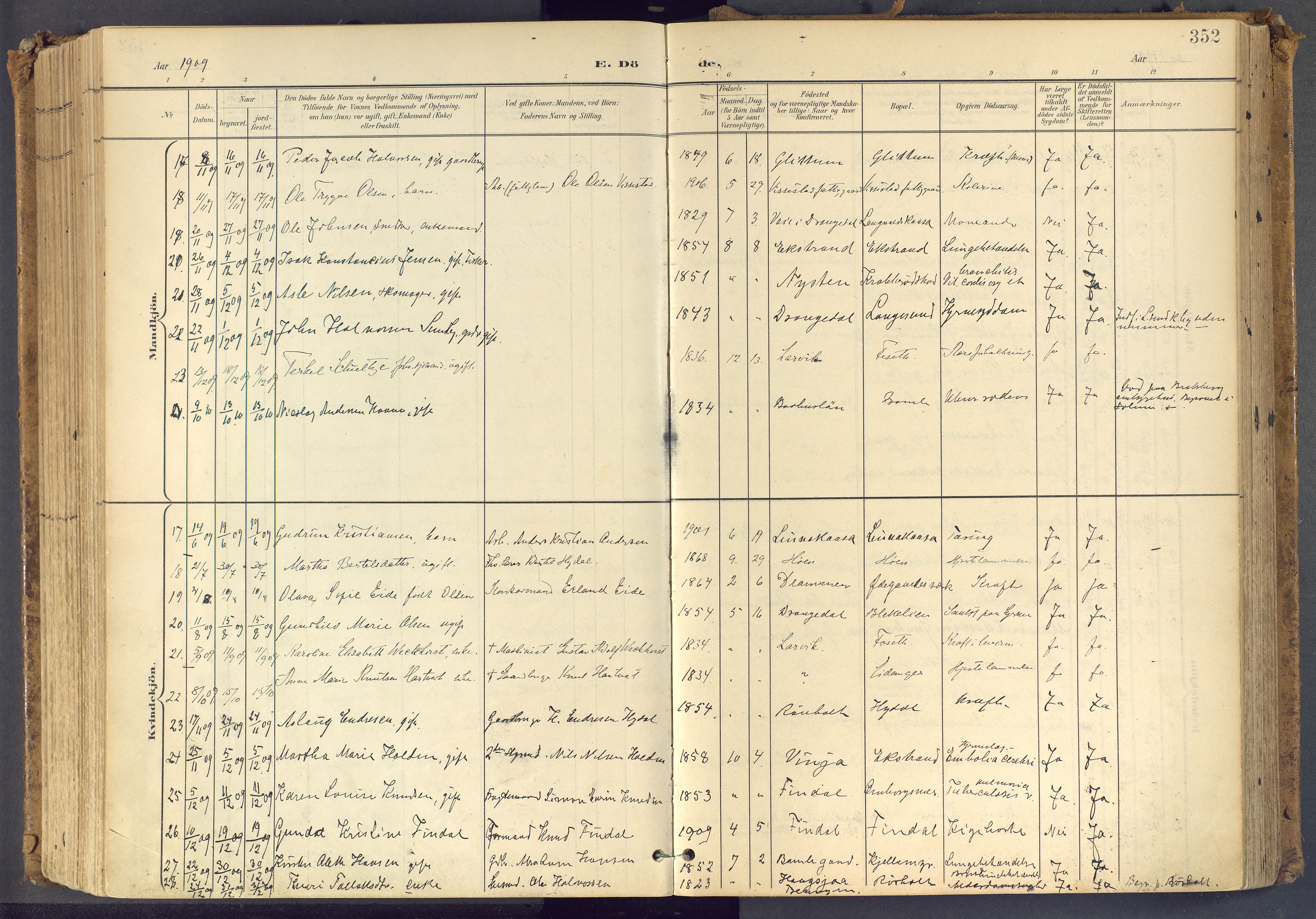 Bamble kirkebøker, SAKO/A-253/F/Fa/L0009: Parish register (official) no. I 9, 1901-1917, p. 352