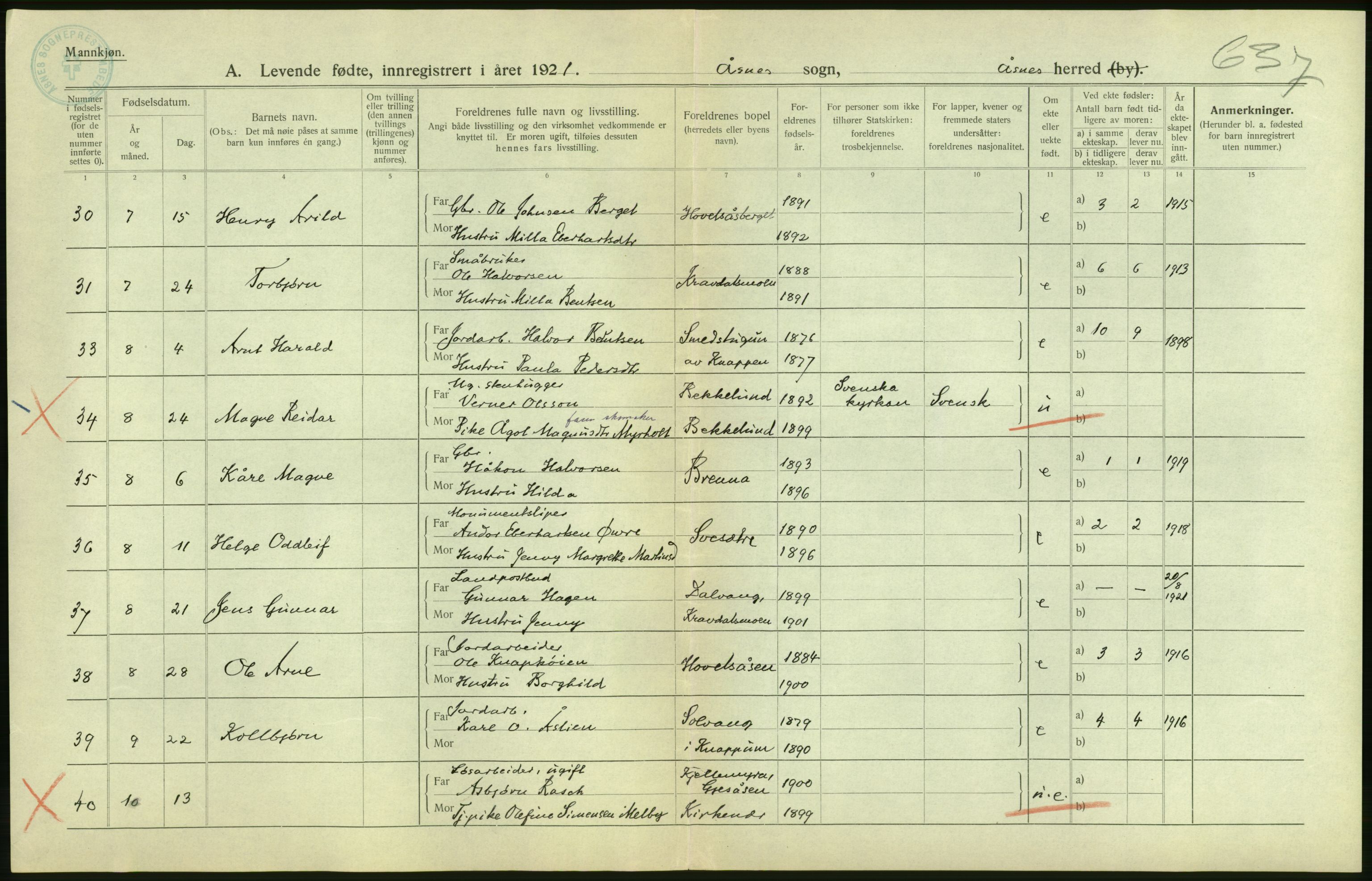 Statistisk sentralbyrå, Sosiodemografiske emner, Befolkning, AV/RA-S-2228/D/Df/Dfc/Dfca/L0014: Hedemark fylke: Levendefødte menn og kvinner. Bygder., 1921, p. 10