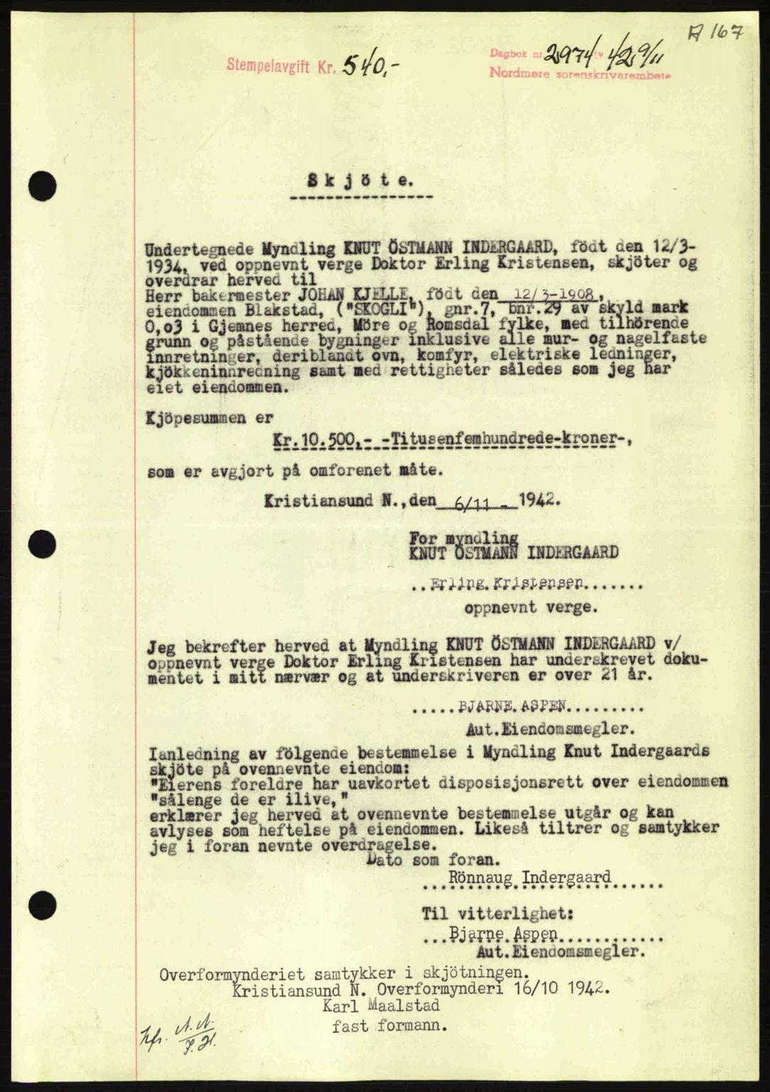 Nordmøre sorenskriveri, AV/SAT-A-4132/1/2/2Ca: Mortgage book no. A94, 1942-1943, Diary no: : 2974/1942