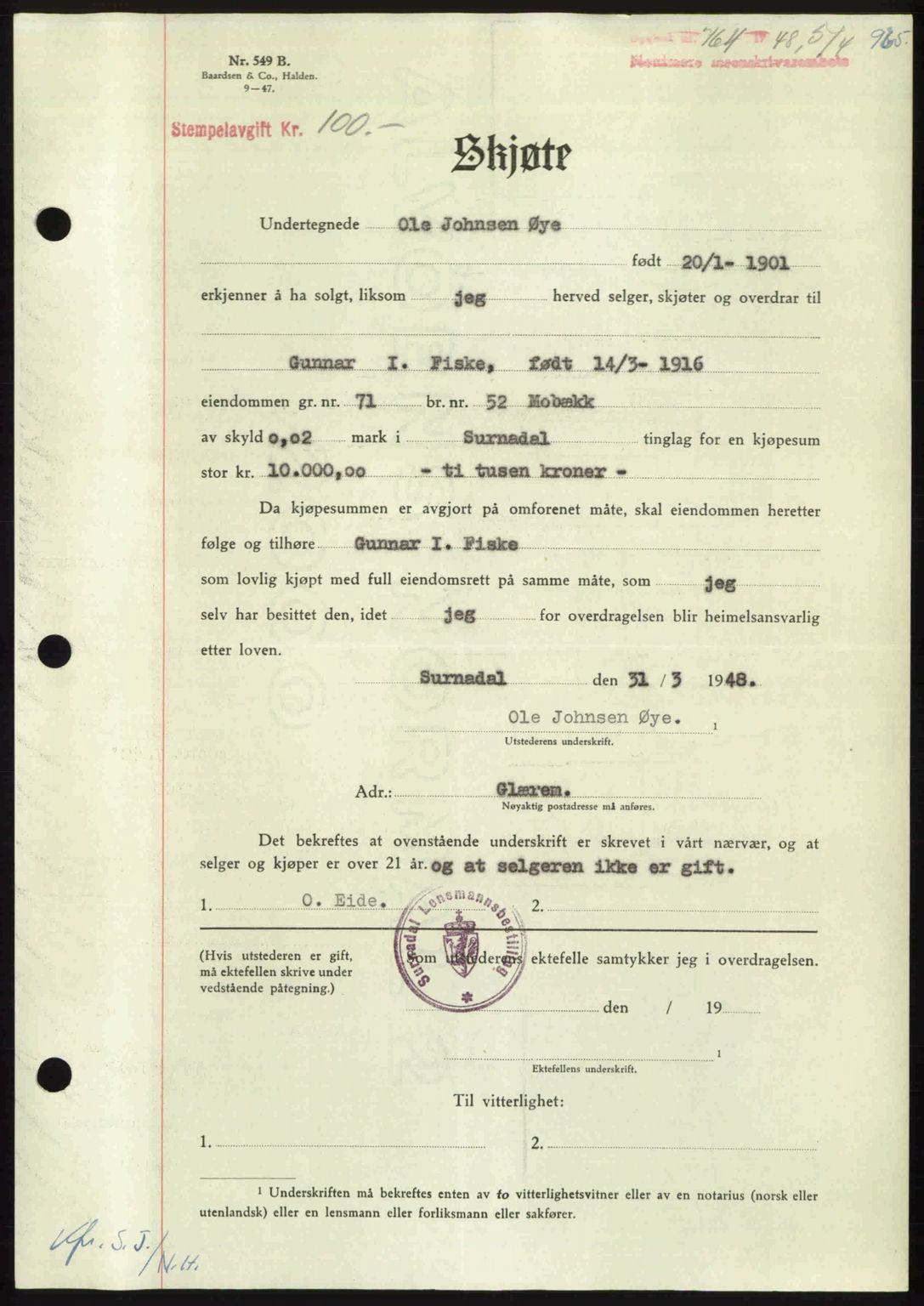 Nordmøre sorenskriveri, AV/SAT-A-4132/1/2/2Ca: Mortgage book no. A107, 1947-1948, Diary no: : 764/1948