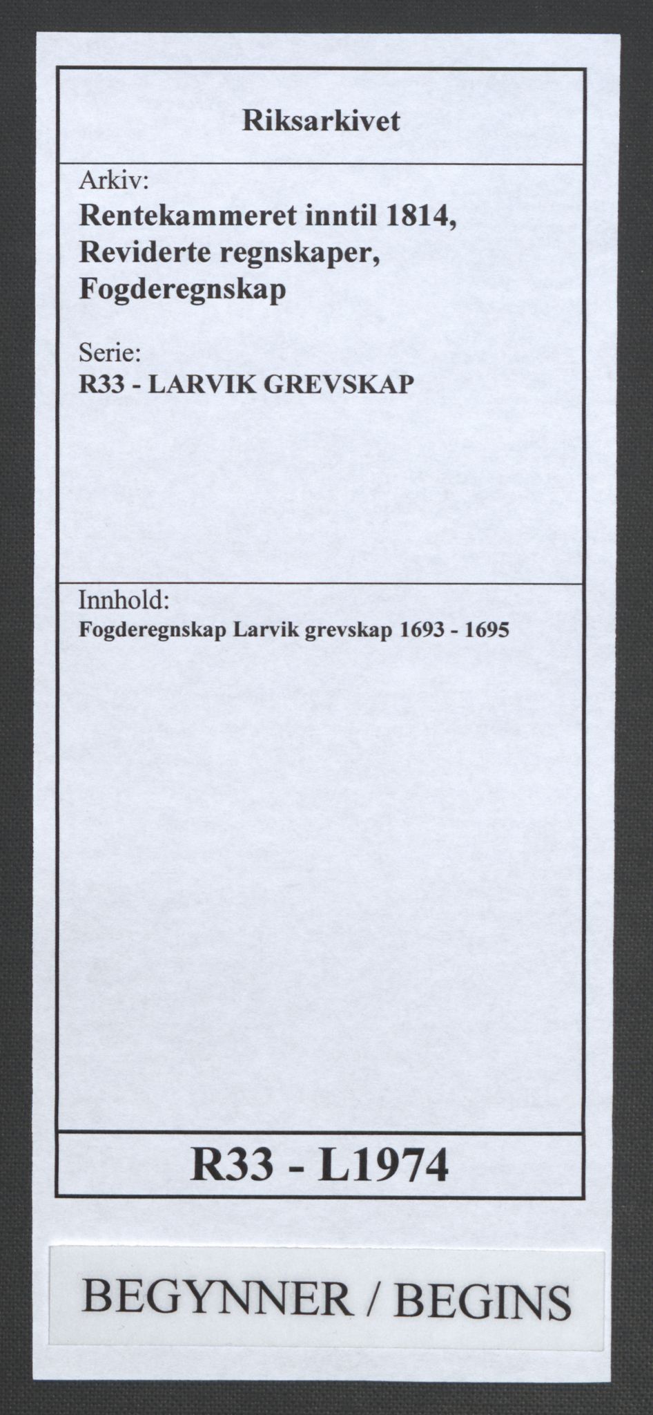 Rentekammeret inntil 1814, Reviderte regnskaper, Fogderegnskap, RA/EA-4092/R33/L1974: Fogderegnskap Larvik grevskap, 1693-1695, p. 1