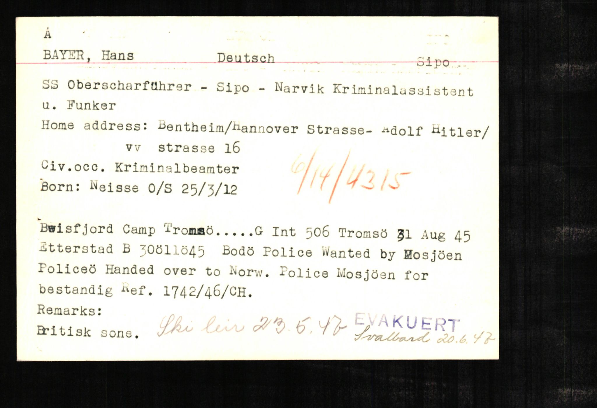 Forsvaret, Forsvarets overkommando II, AV/RA-RAFA-3915/D/Db/L0002: CI Questionaires. Tyske okkupasjonsstyrker i Norge. Tyskere., 1945-1946, p. 326