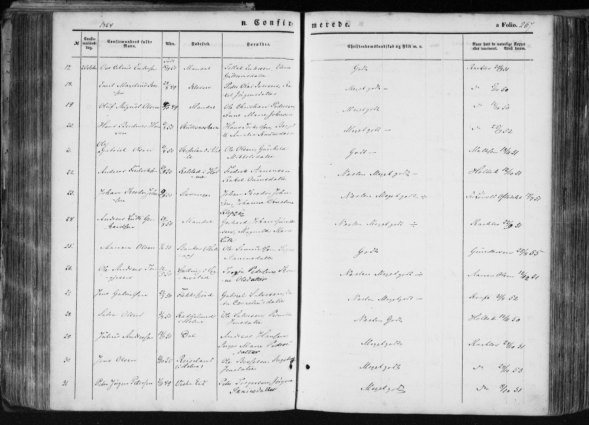 Mandal sokneprestkontor, AV/SAK-1111-0030/F/Fa/Faa/L0014: Parish register (official) no. A 14, 1859-1872, p. 267