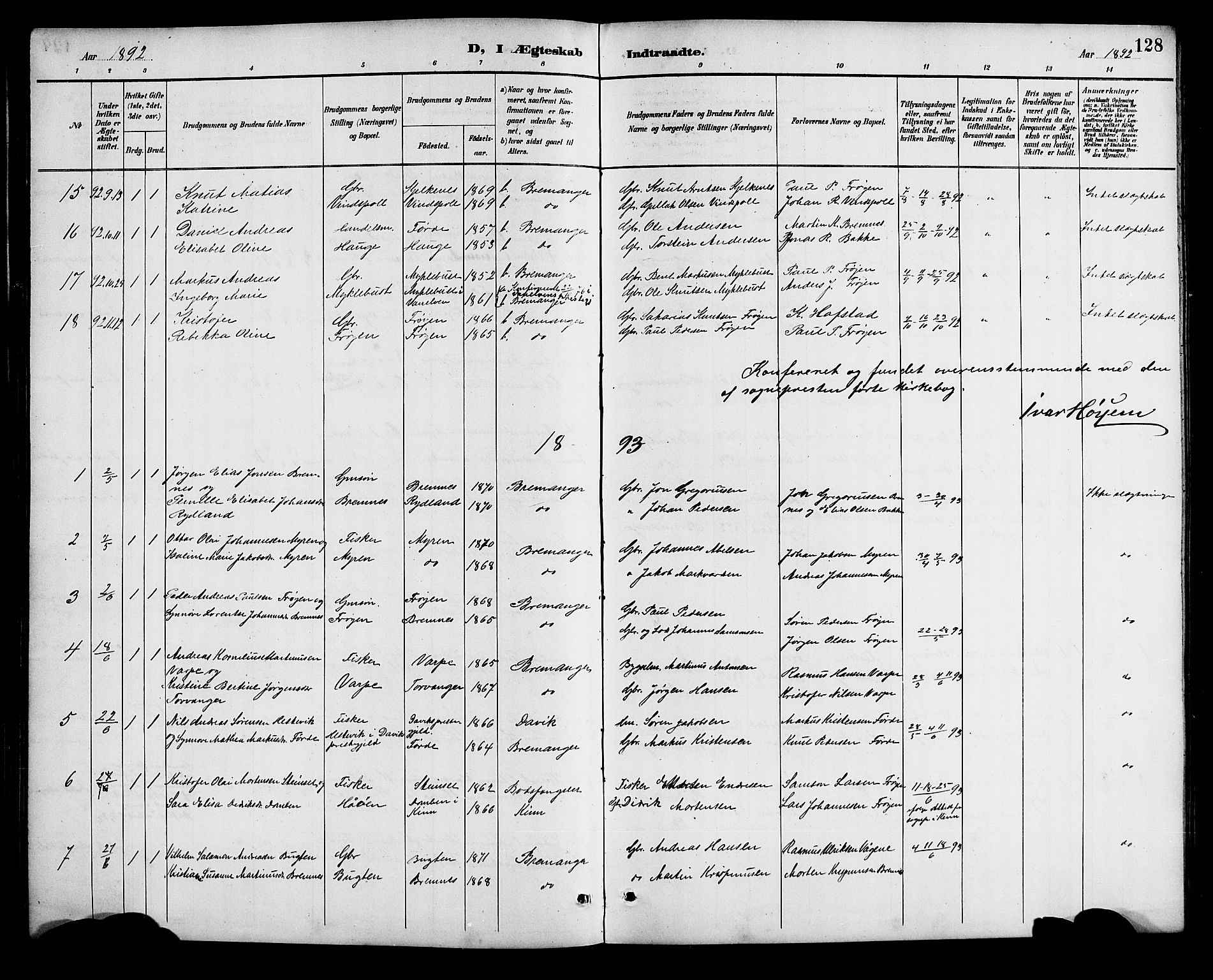 Bremanger sokneprestembete, SAB/A-82201/H/Hab/Haba/L0003: Parish register (copy) no. A 3, 1890-1908, p. 128