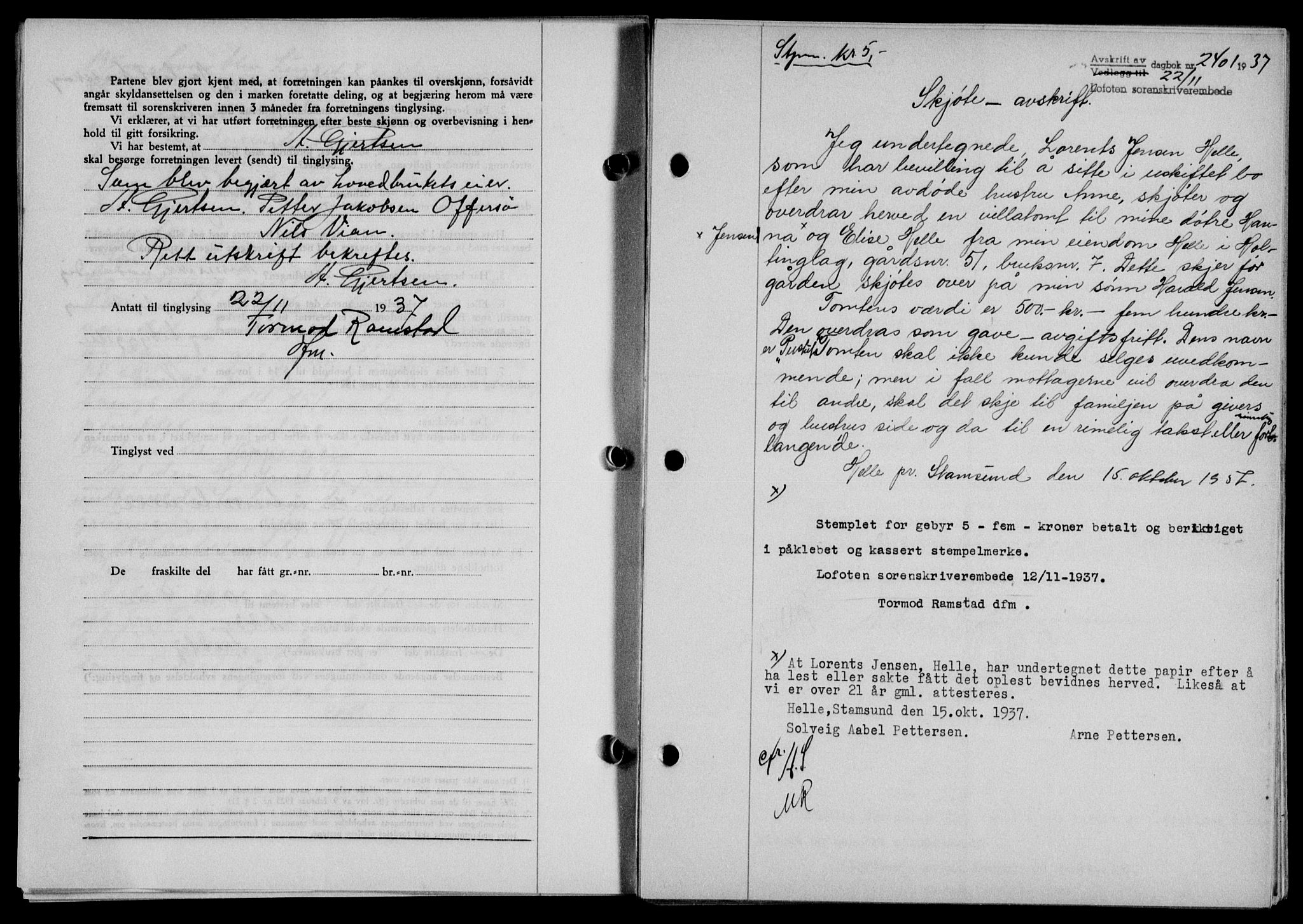Lofoten sorenskriveri, SAT/A-0017/1/2/2C/L0003a: Mortgage book no. 3a, 1937-1938, Diary no: : 2401/1937