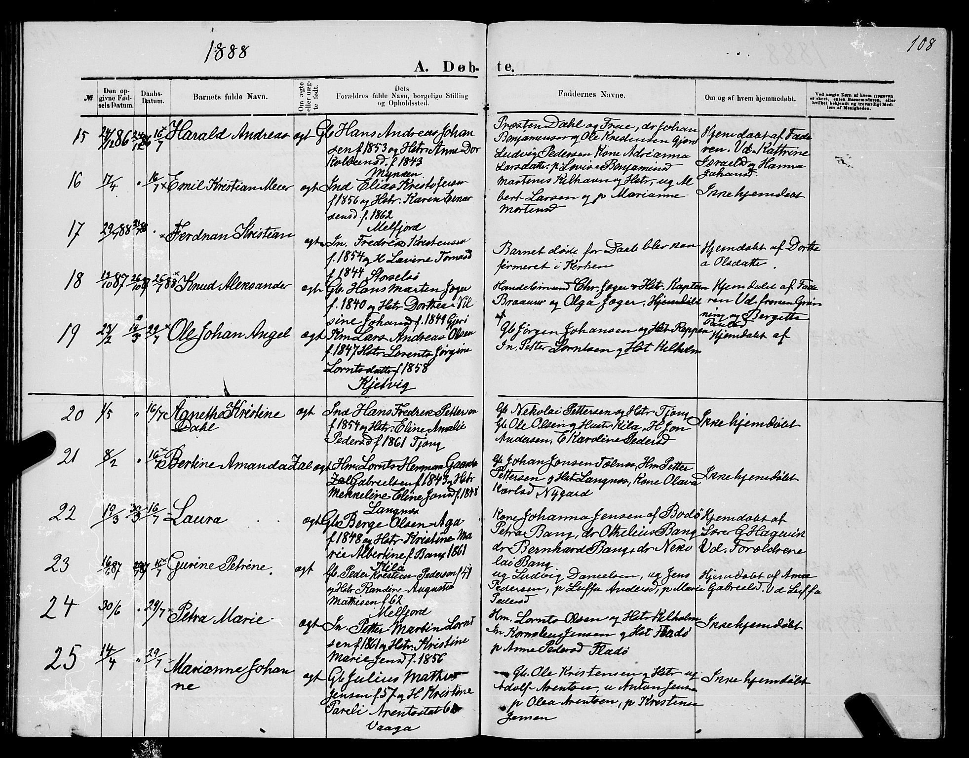 Ministerialprotokoller, klokkerbøker og fødselsregistre - Nordland, SAT/A-1459/841/L0620: Parish register (copy) no. 841C04, 1877-1896, p. 108