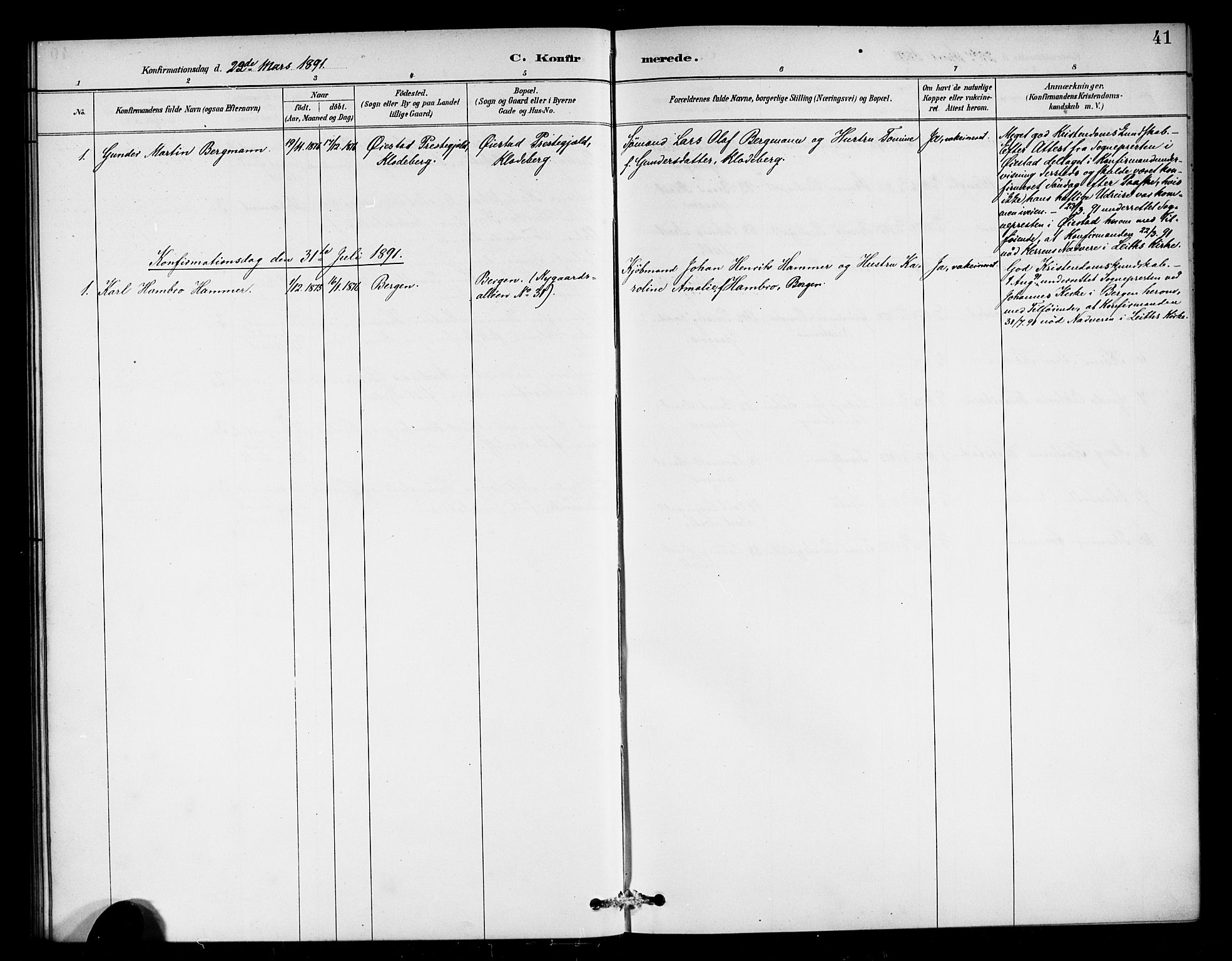 Den norske sjømannsmisjon i utlandet/Skotske havner (Leith, Glasgow), SAB/SAB/PA-0100/H/Ha/Haa/L0003: Parish register (official) no. A 3, 1887-1898, p. 41