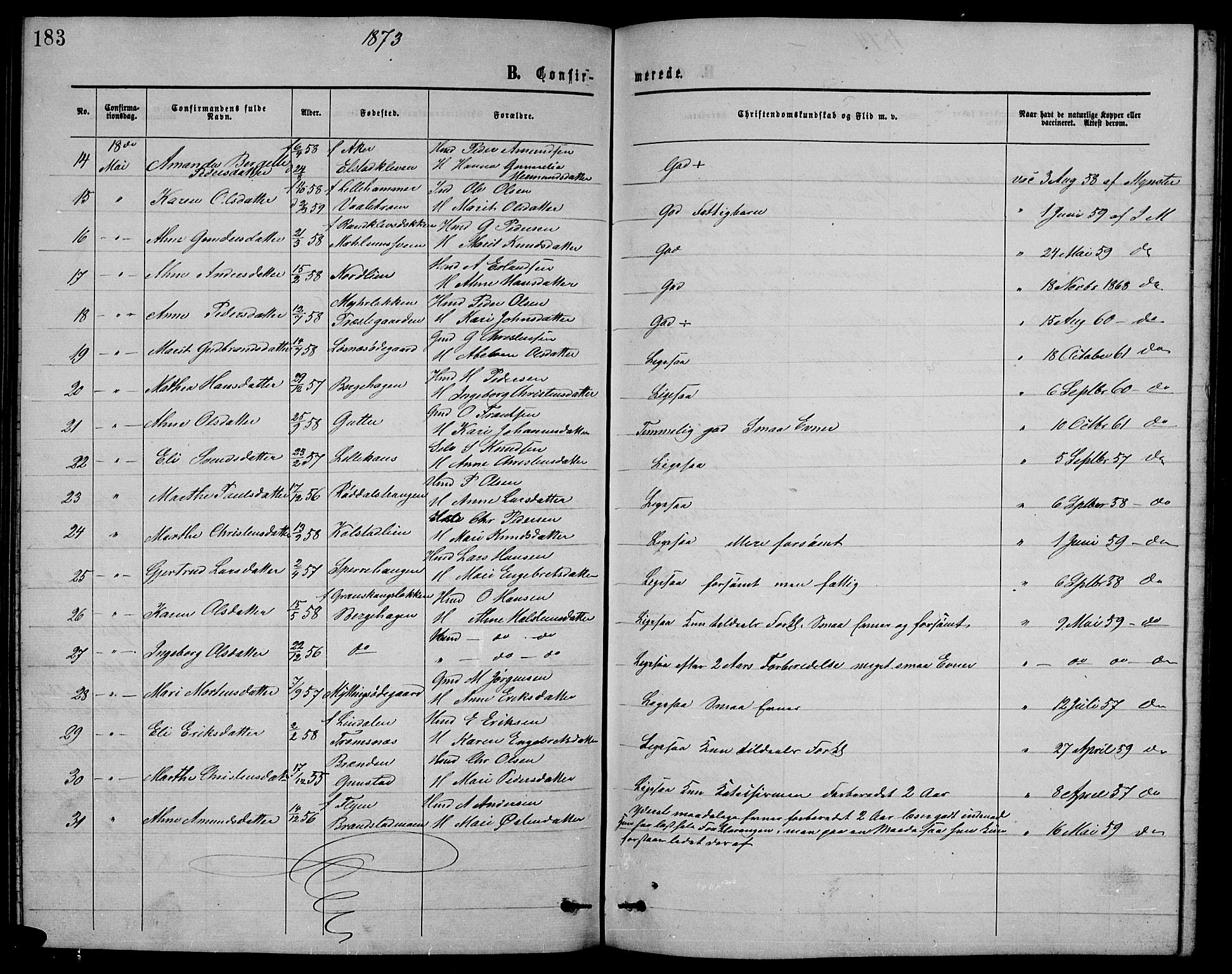 Ringebu prestekontor, SAH/PREST-082/H/Ha/Hab/L0004: Parish register (copy) no. 4, 1867-1879, p. 183