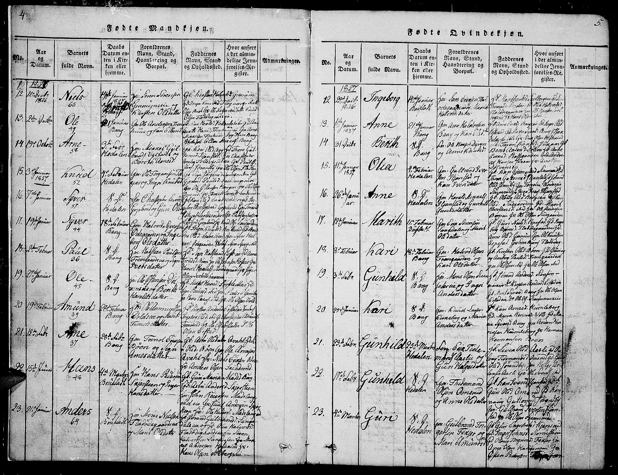 Sør-Aurdal prestekontor, SAH/PREST-128/H/Ha/Hab/L0002: Parish register (copy) no. 2, 1826-1840, p. 4-5