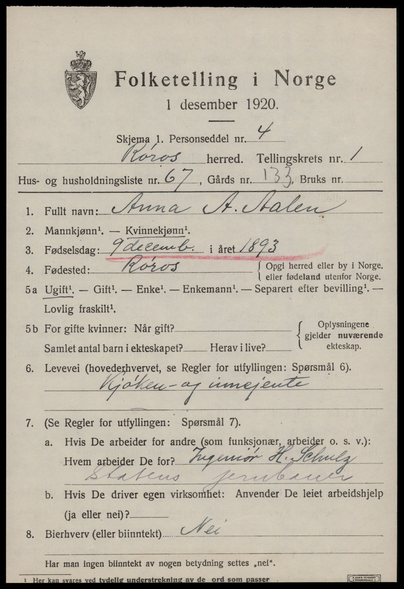 SAT, 1920 census for Røros, 1920, p. 2742