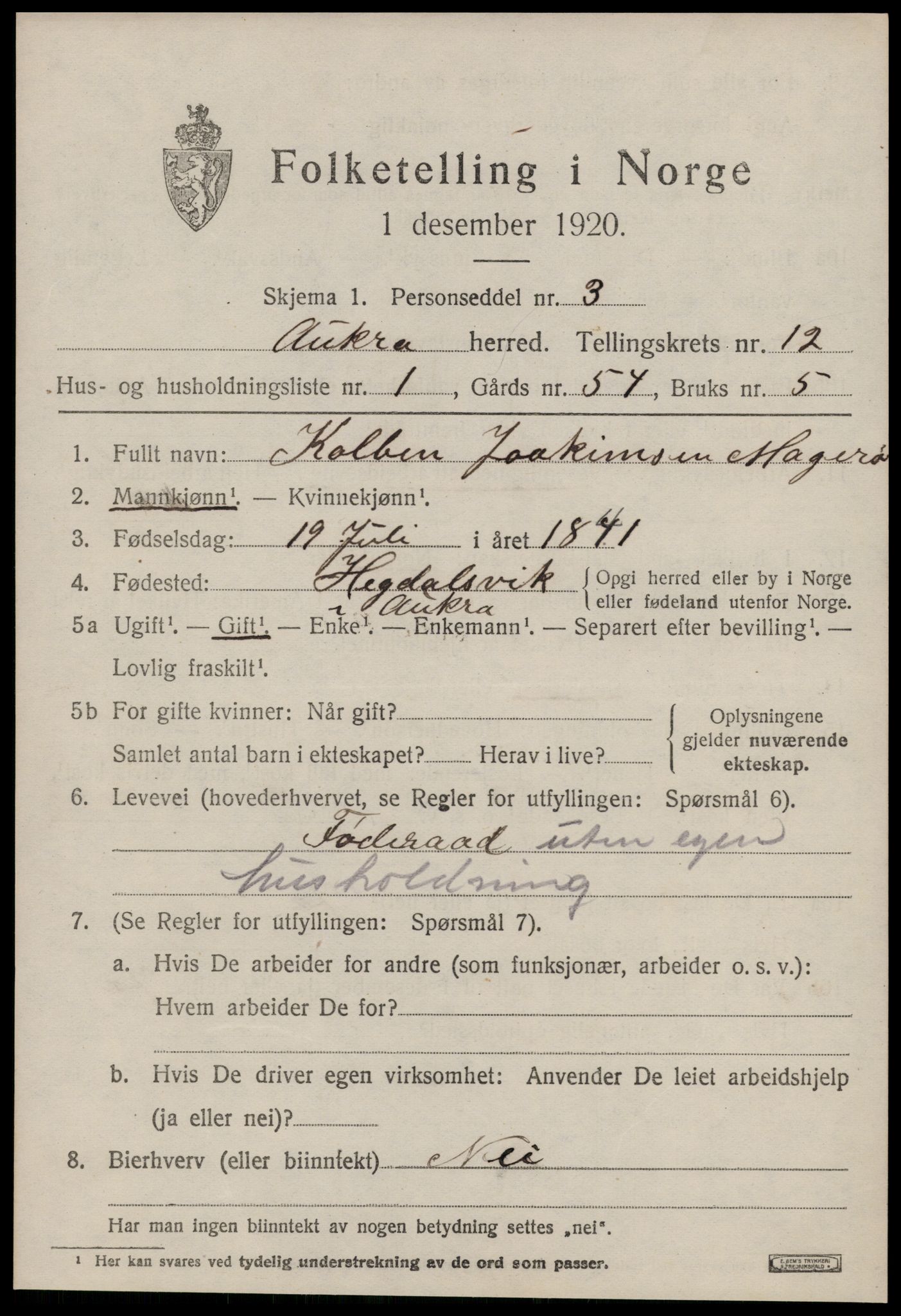 SAT, 1920 census for Aukra, 1920, p. 5415