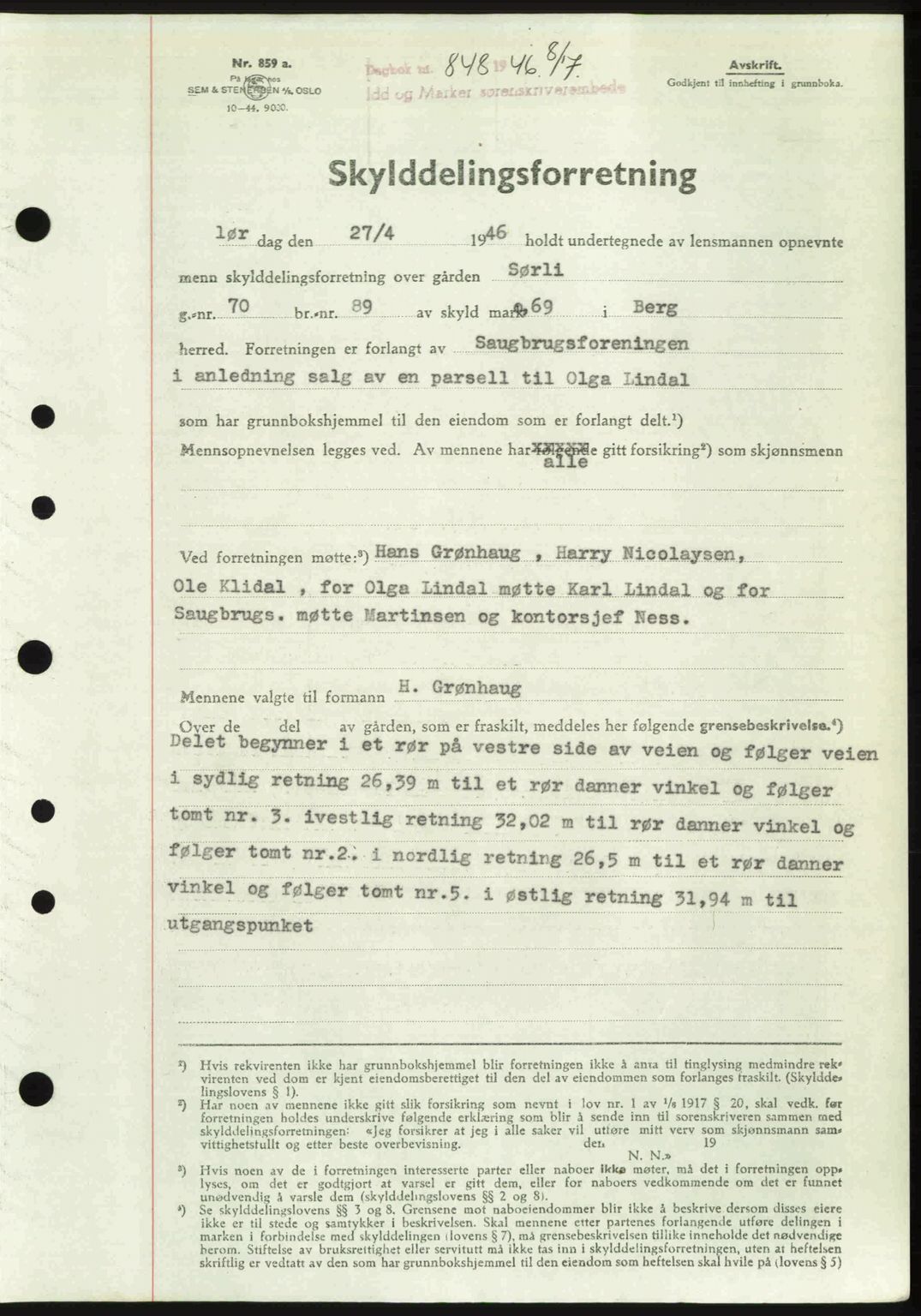 Idd og Marker sorenskriveri, AV/SAO-A-10283/G/Gb/Gbb/L0008: Mortgage book no. A8, 1946-1946, Diary no: : 848/1946