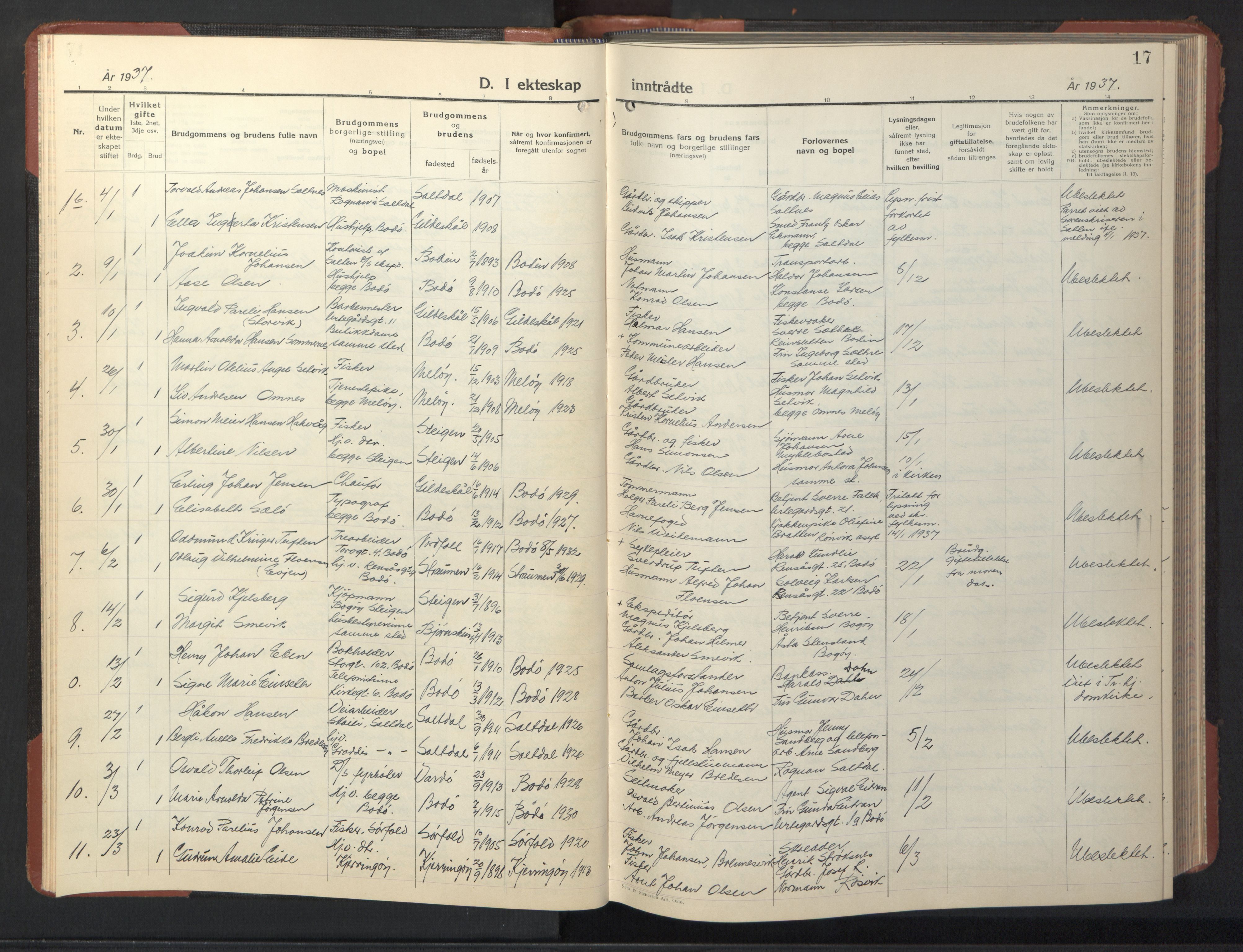 Ministerialprotokoller, klokkerbøker og fødselsregistre - Nordland, AV/SAT-A-1459/801/L0038: Parish register (copy) no. 801C13, 1935-1951, p. 17