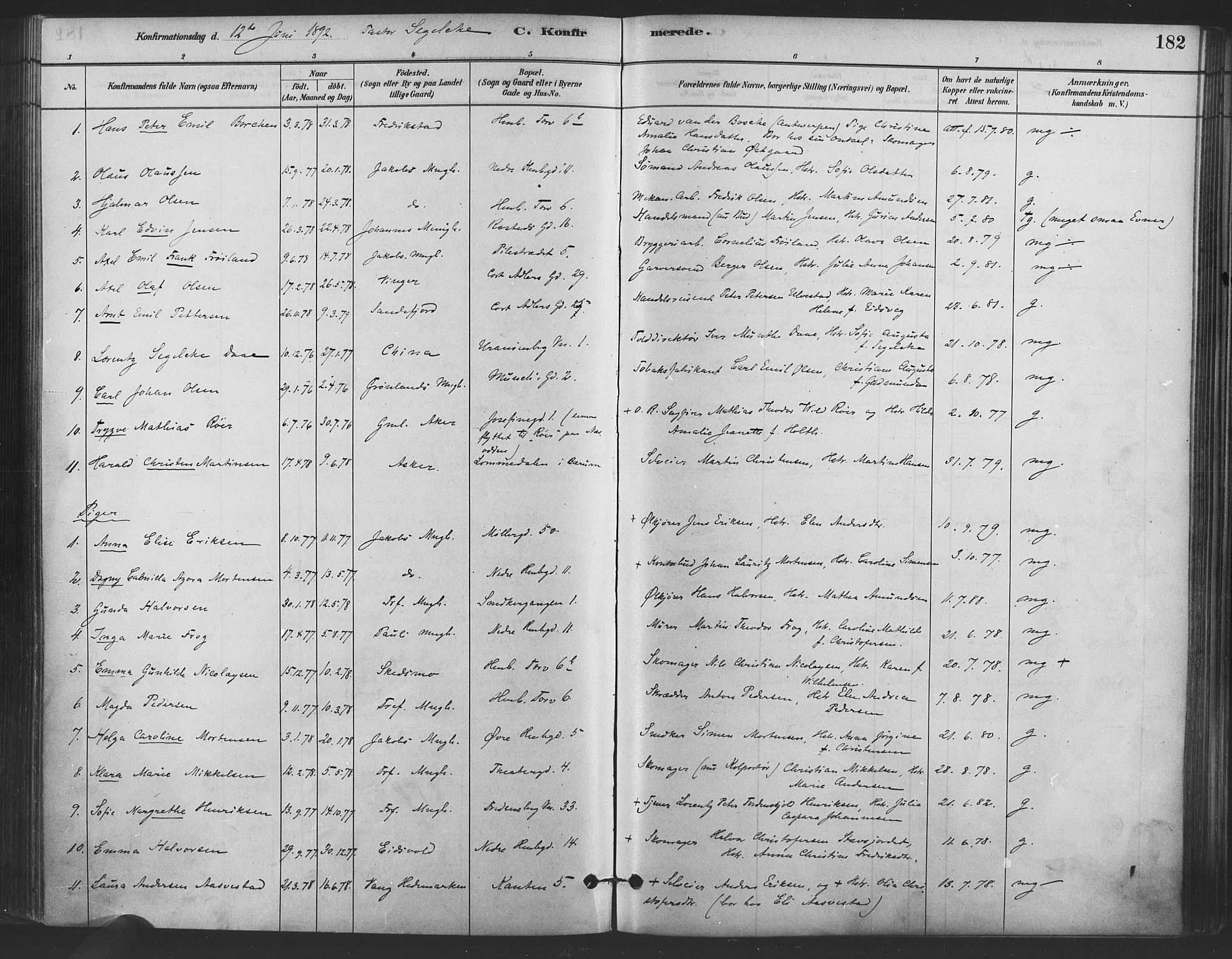 Trefoldighet prestekontor Kirkebøker, AV/SAO-A-10882/F/Fb/L0003: Parish register (official) no. II 3, 1881-1895, p. 182