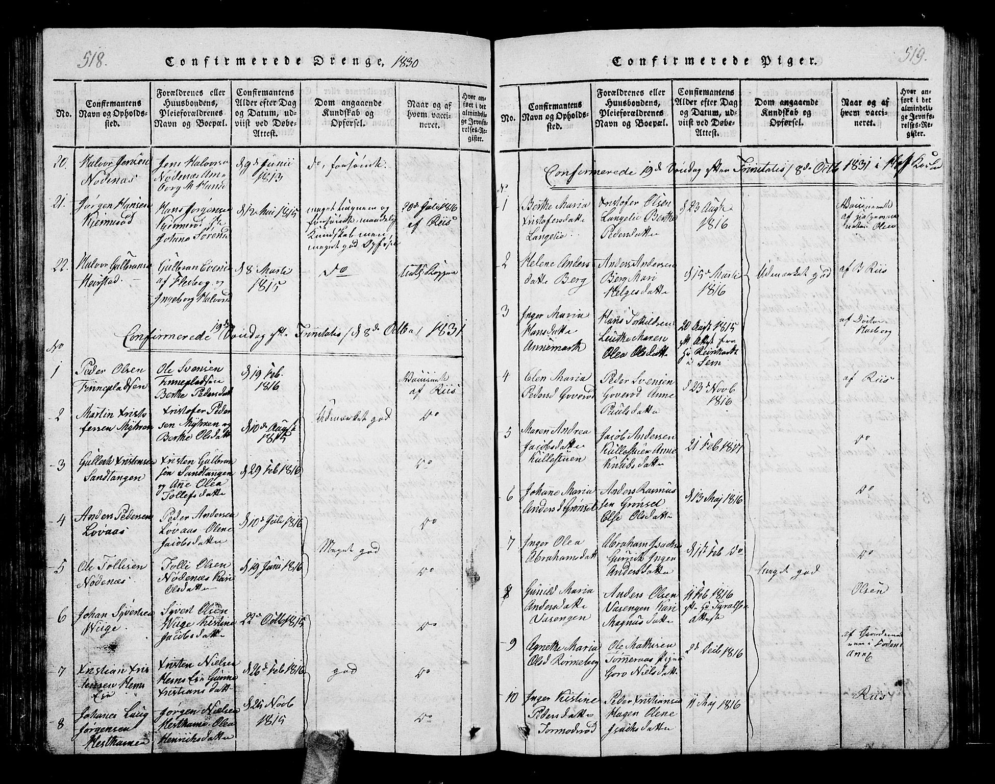 Hof kirkebøker, AV/SAKO-A-64/G/Ga/L0001: Parish register (copy) no. I 1, 1814-1844, p. 518-519