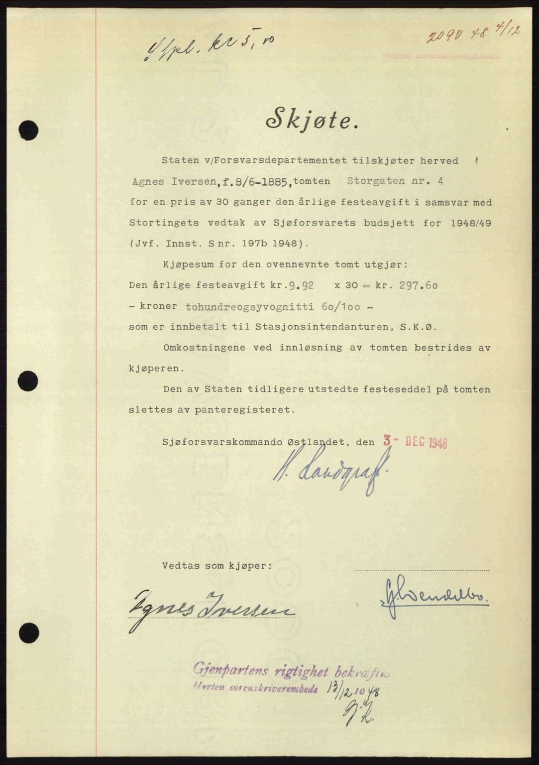 Horten sorenskriveri, AV/SAKO-A-133/G/Ga/Gaa/L0011: Mortgage book no. A-11, 1948-1948, Diary no: : 2090/1948