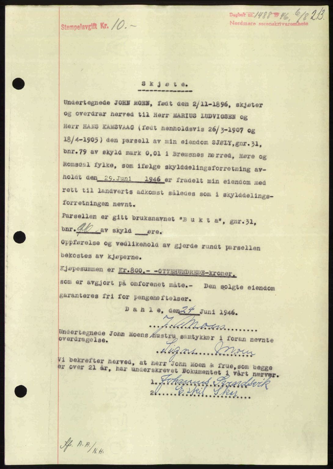 Nordmøre sorenskriveri, AV/SAT-A-4132/1/2/2Ca: Mortgage book no. A102, 1946-1946, Diary no: : 1488/1946