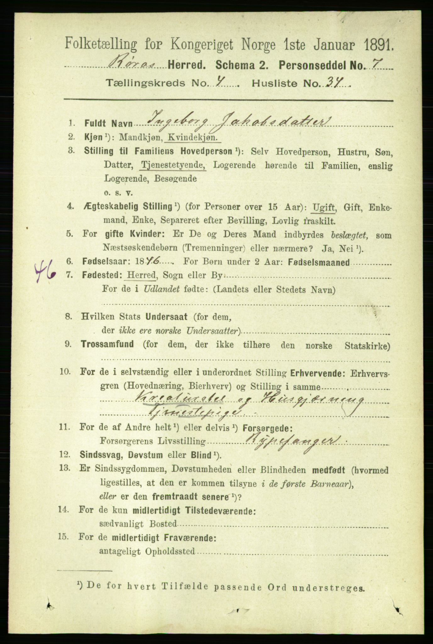 RA, 1891 census for 1640 Røros, 1891, p. 999