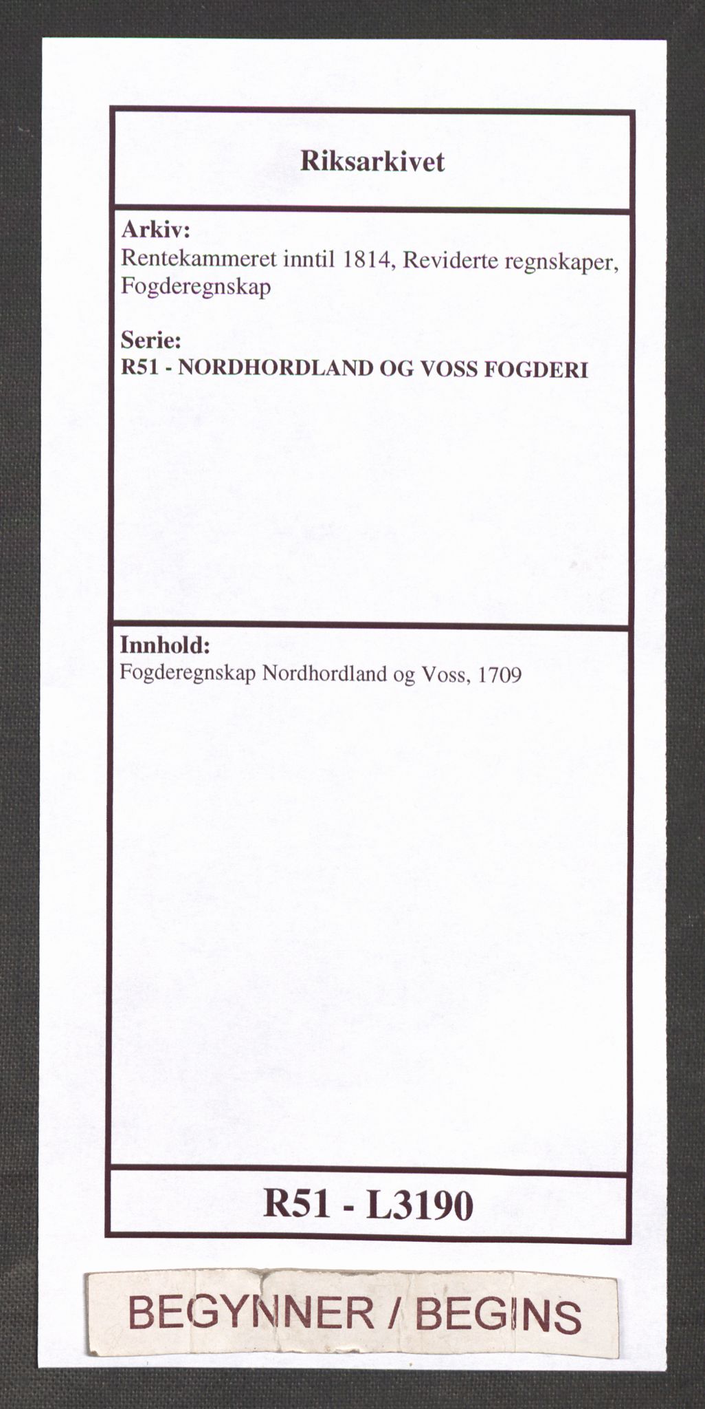 Rentekammeret inntil 1814, Reviderte regnskaper, Fogderegnskap, AV/RA-EA-4092/R51/L3190: Fogderegnskap Nordhordland og Voss, 1709, p. 1