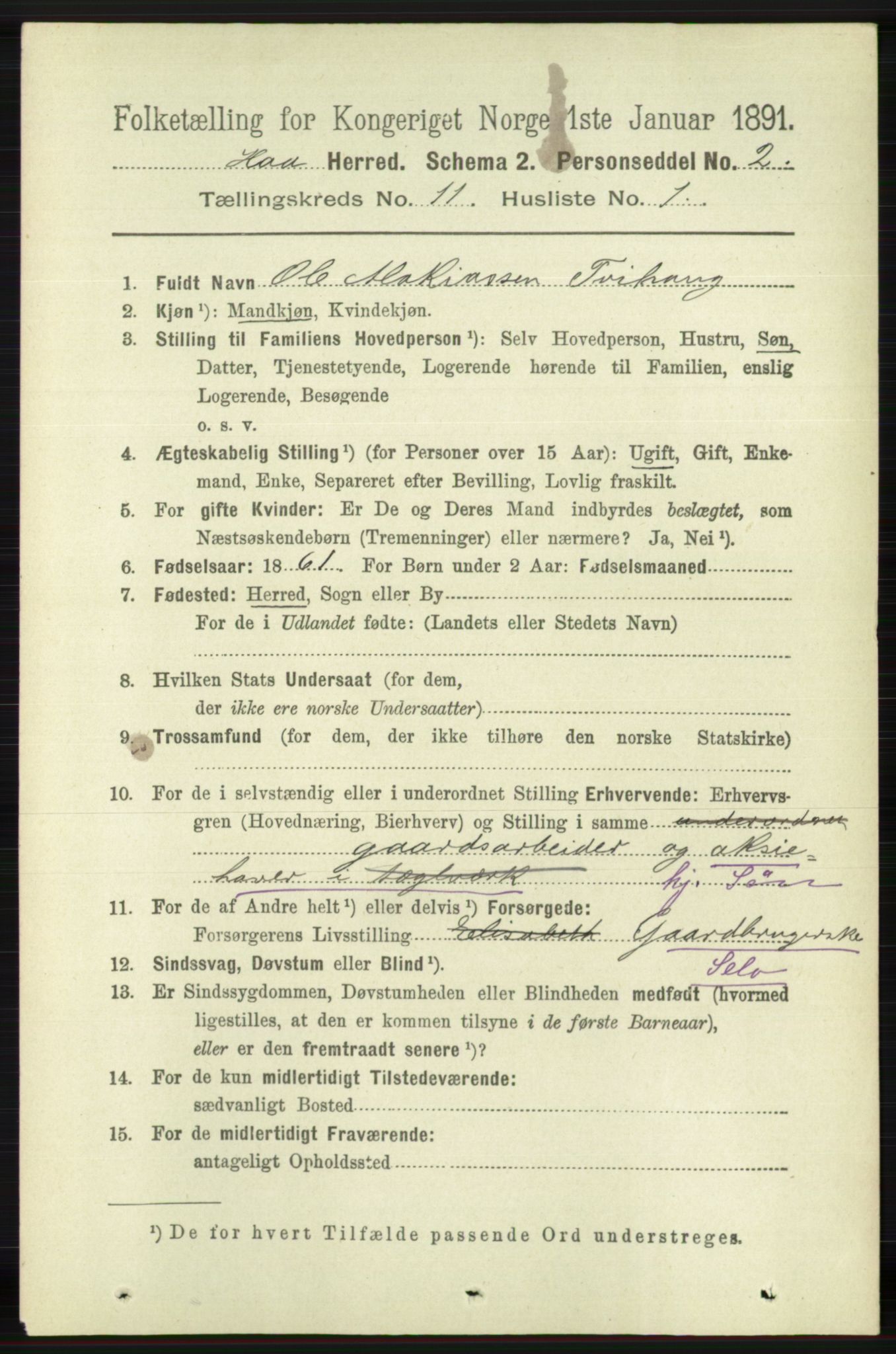 RA, 1891 census for 1119 Hå, 1891, p. 2630