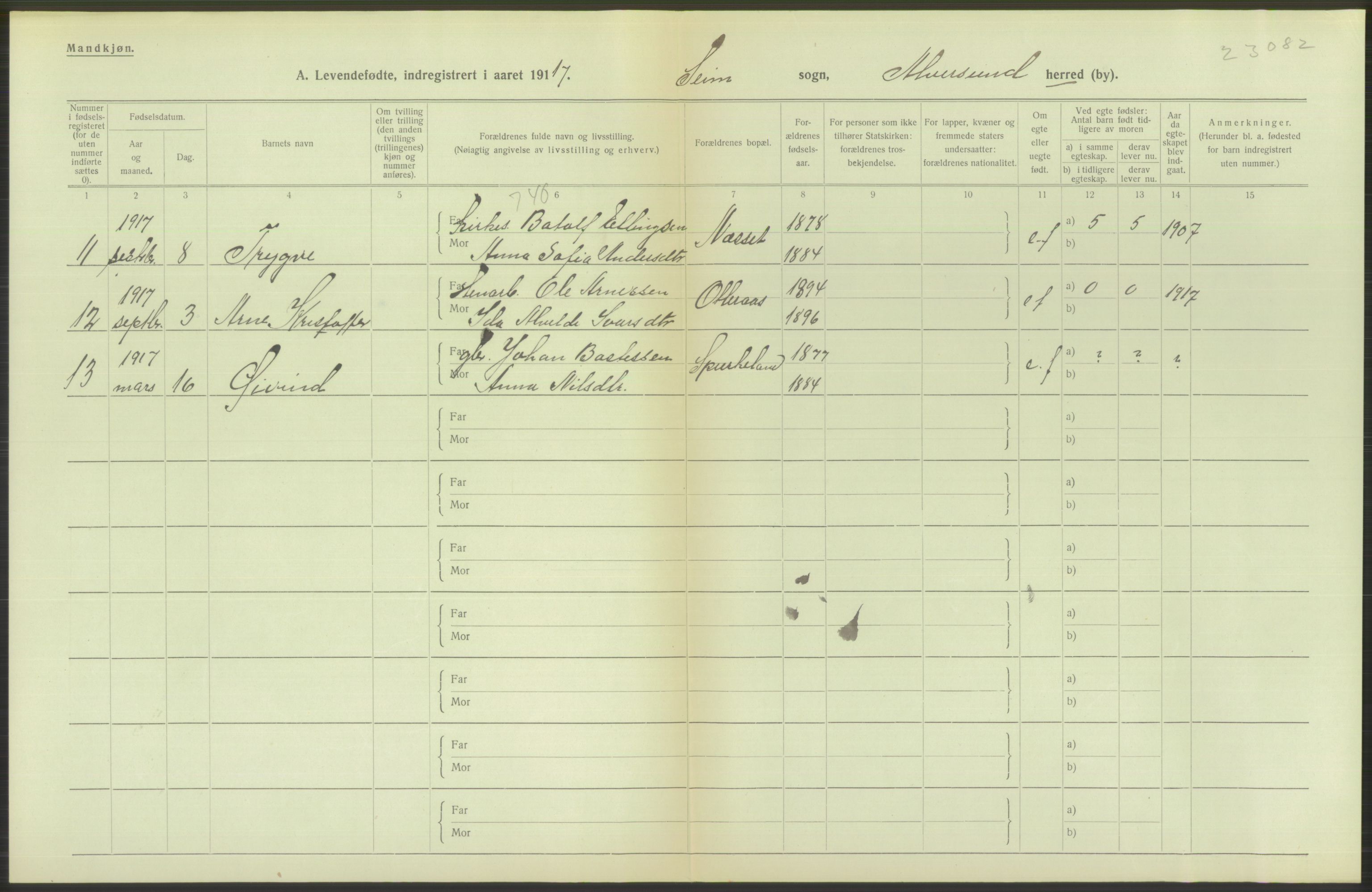 Statistisk sentralbyrå, Sosiodemografiske emner, Befolkning, RA/S-2228/D/Df/Dfb/Dfbg/L0034: S. Bergenhus amt: Levendefødte menn og kvinner. Bygder., 1917, p. 144